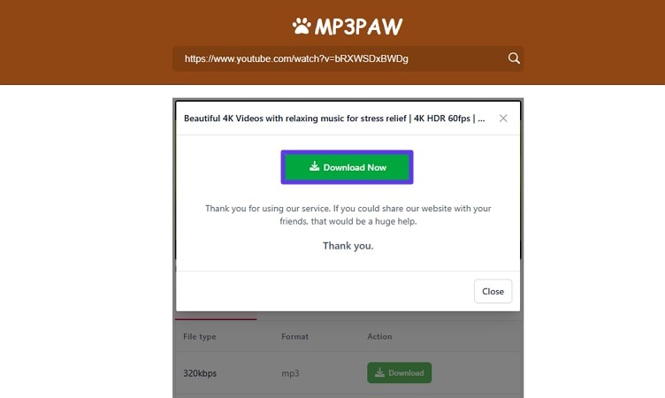 save audio by pressing download now