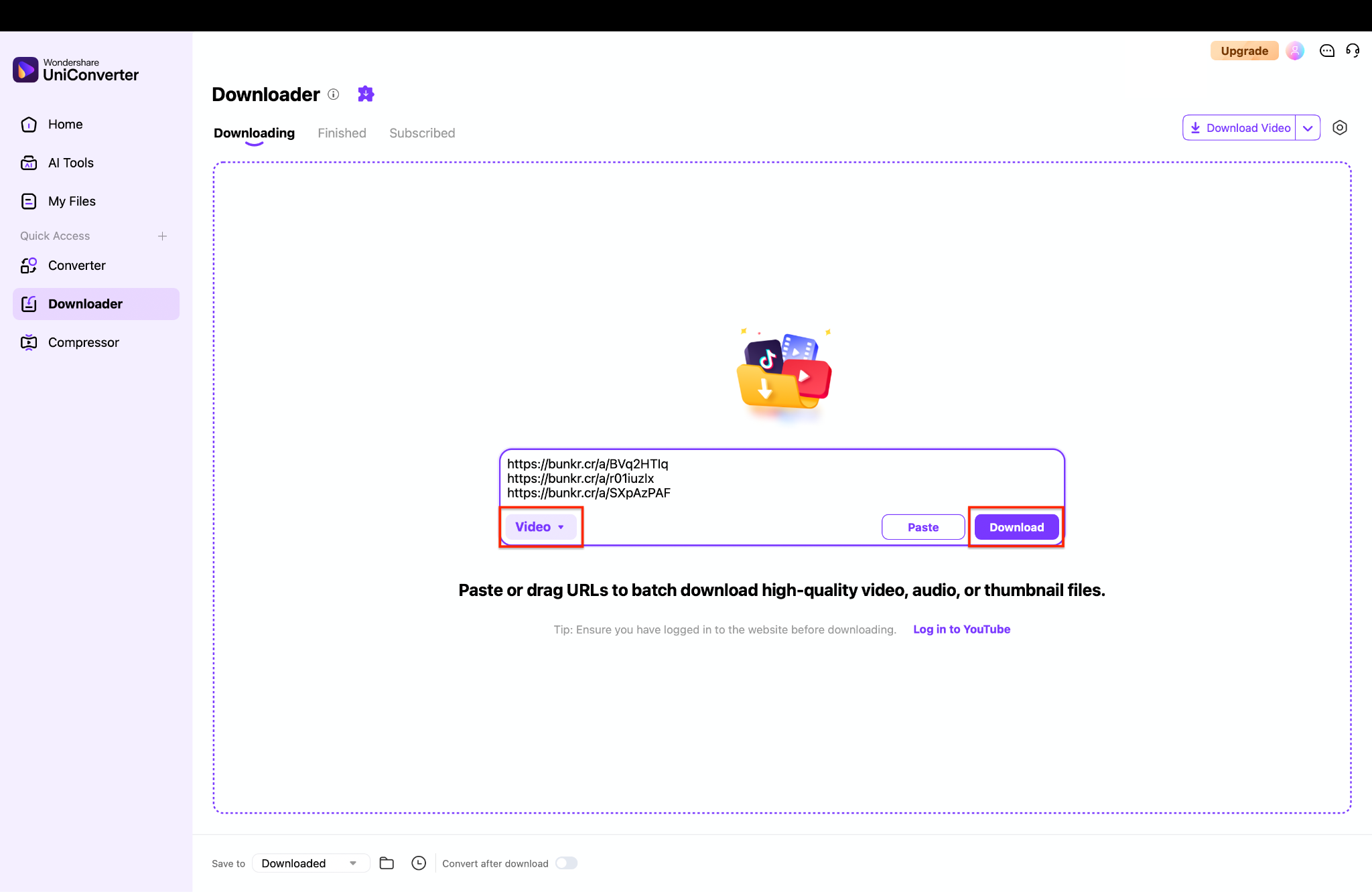 paste multi urls for batch downloading