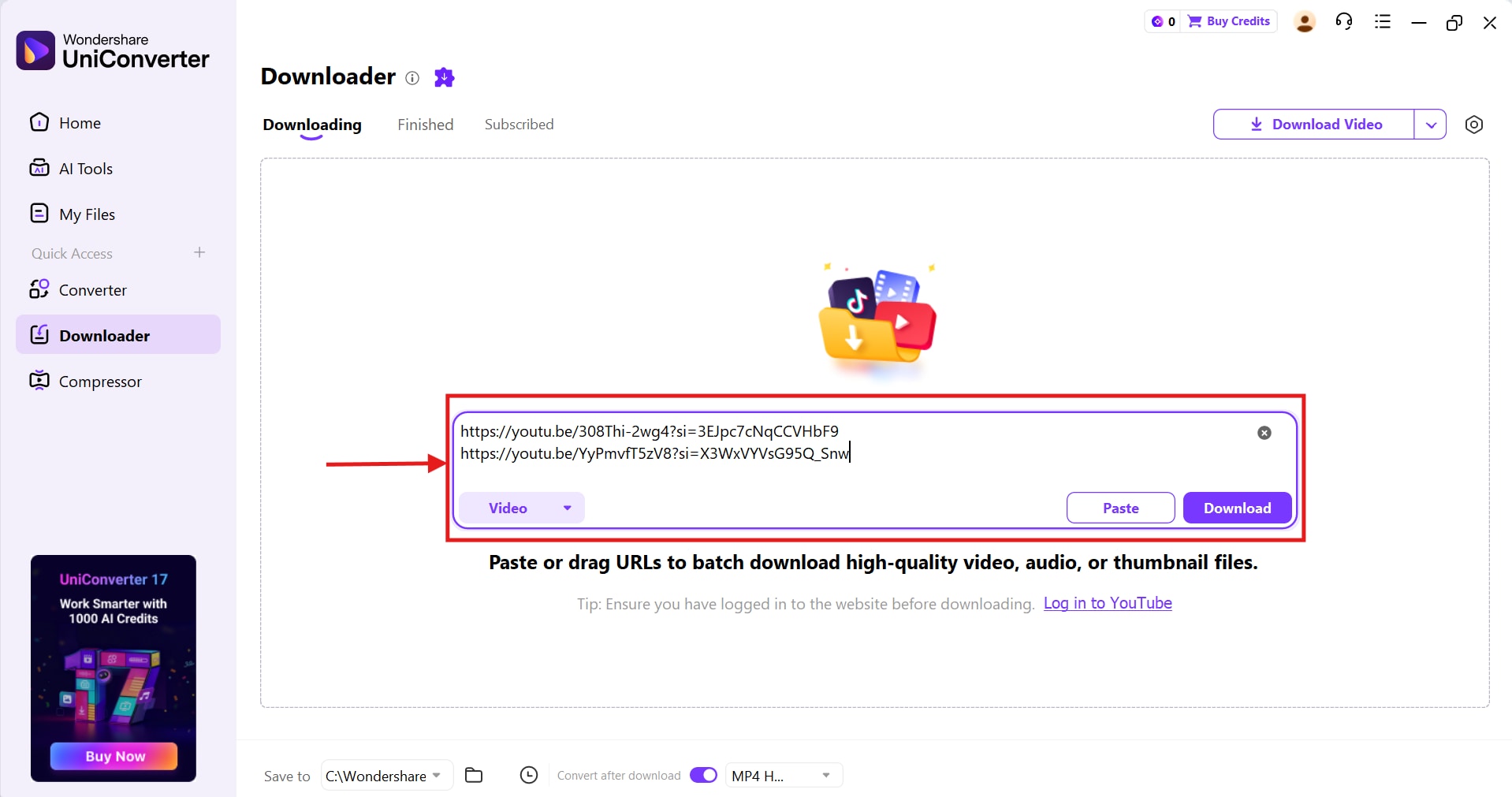 wondershare uniconverter paste video link
