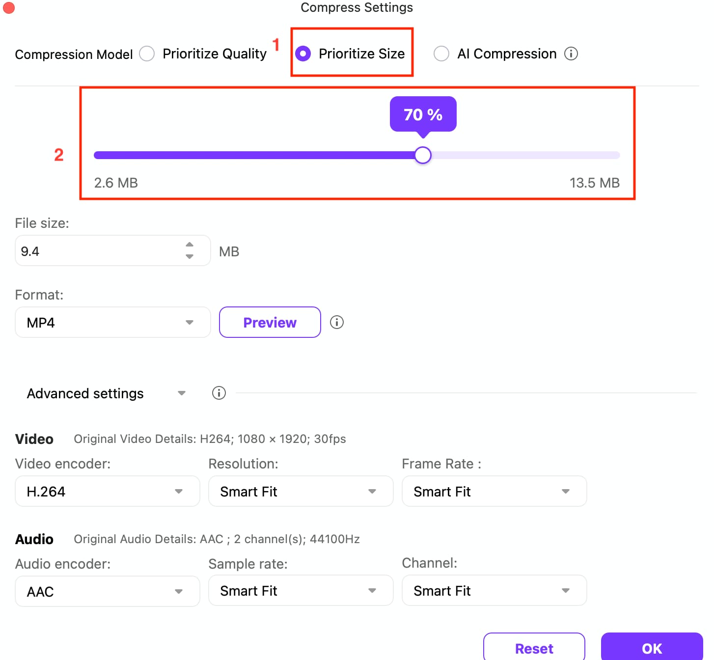 wondershare uniconverter prioritize size
