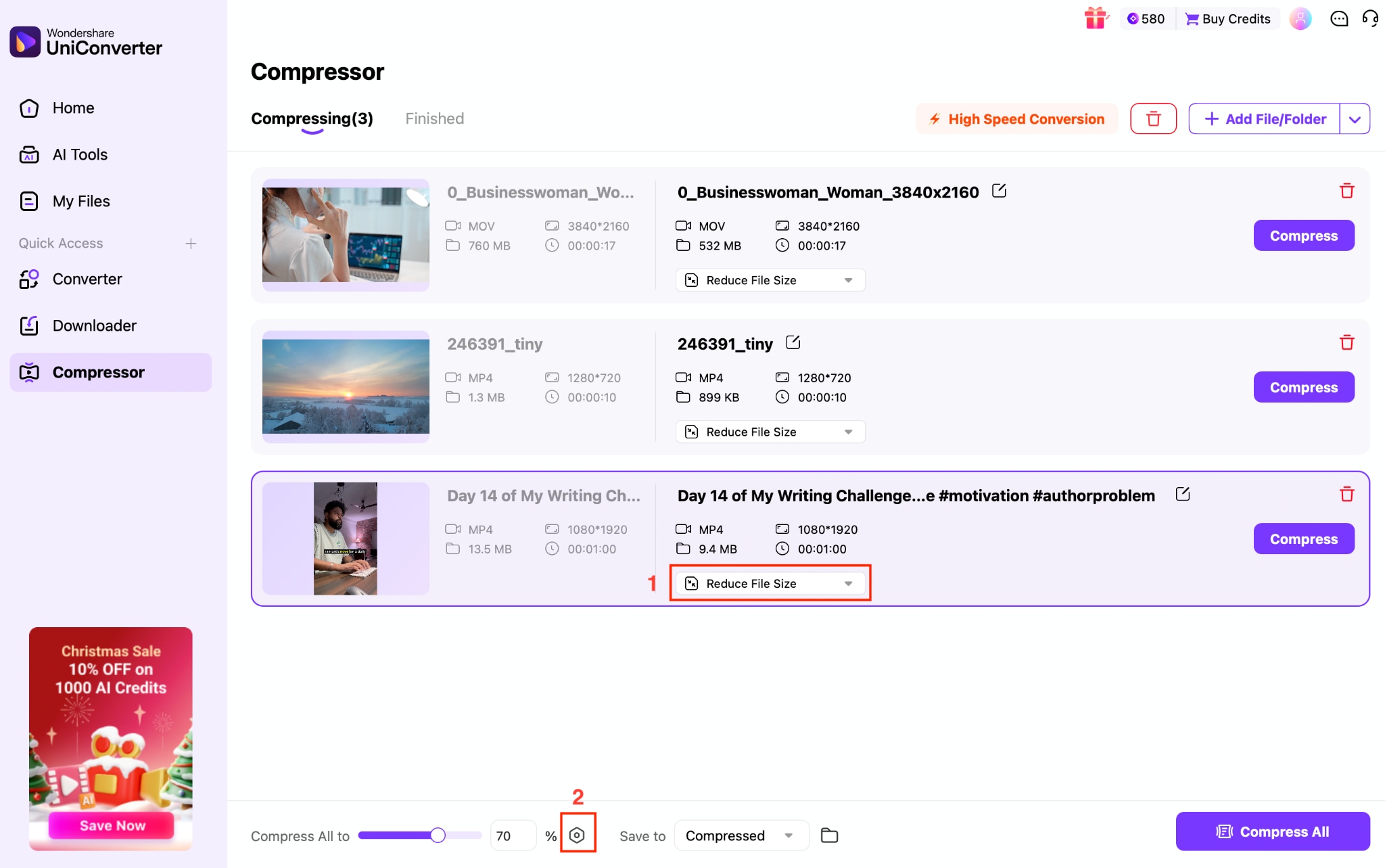 wondershare uniconverter reduce file size