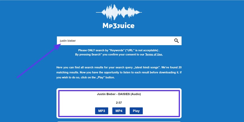 enter artist or song name in mp3 juice search bar