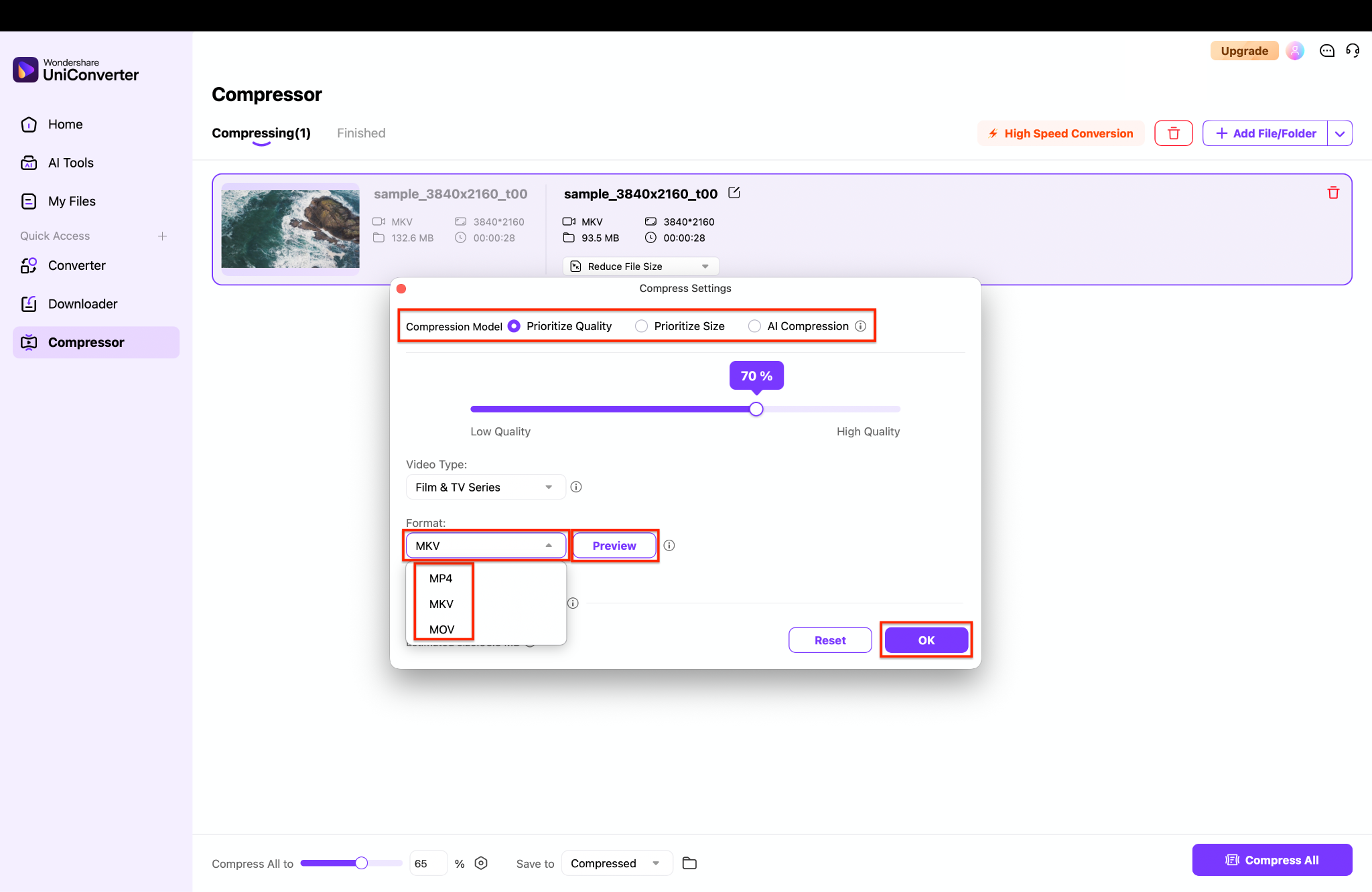 choose the format and settings