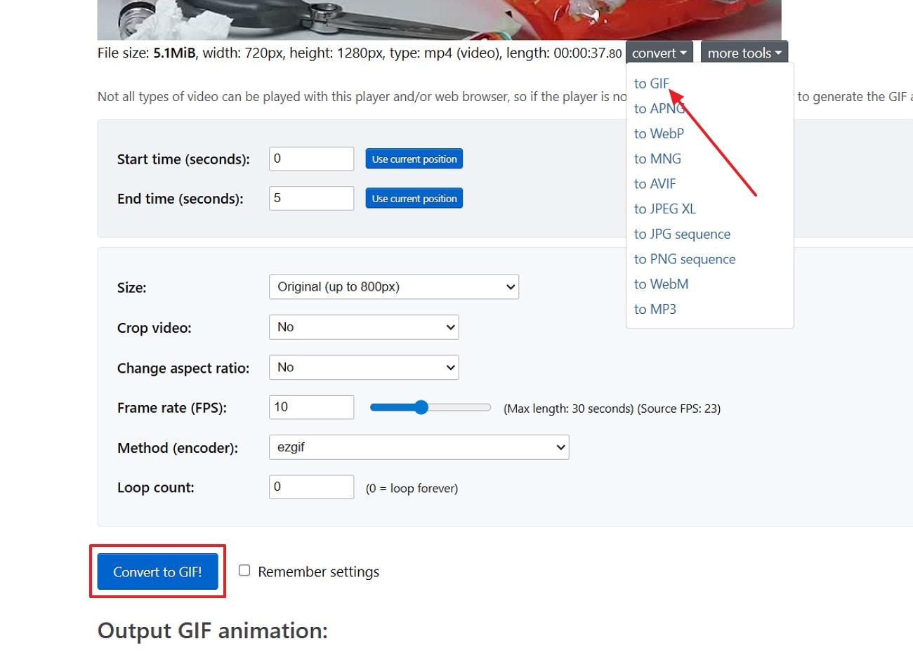 choose convert to gif ezgif