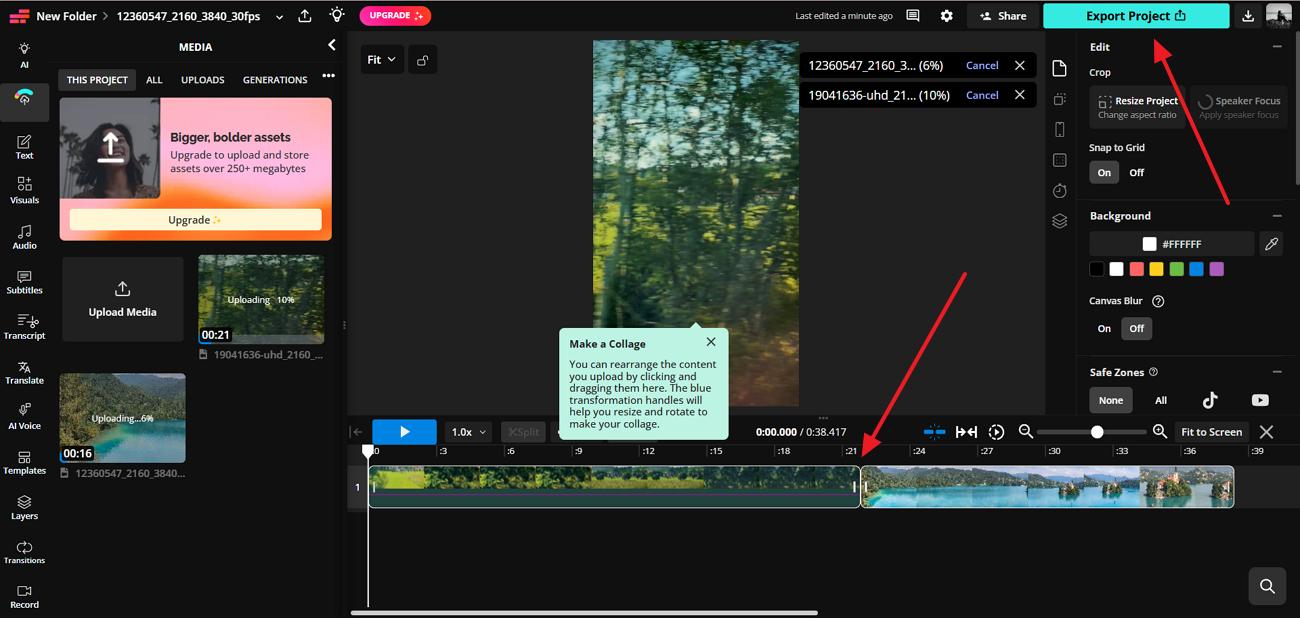 rearrange clips and export kapwing