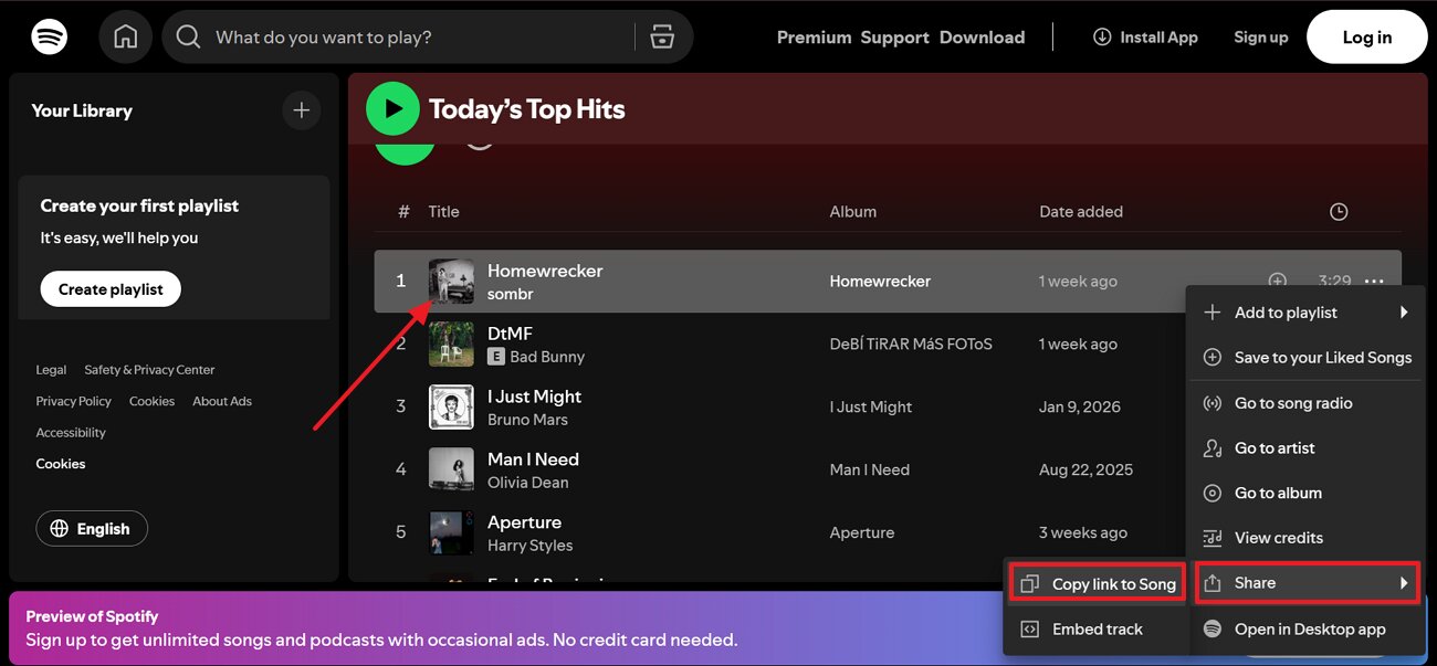 open spotify to copy desired song link