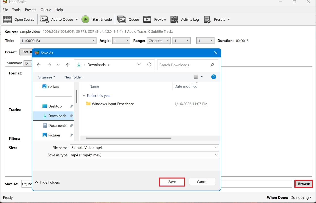 select location and save video handbrake