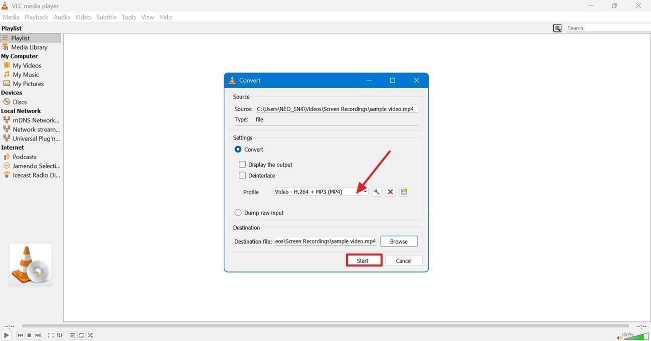 change profile and start compress vlc