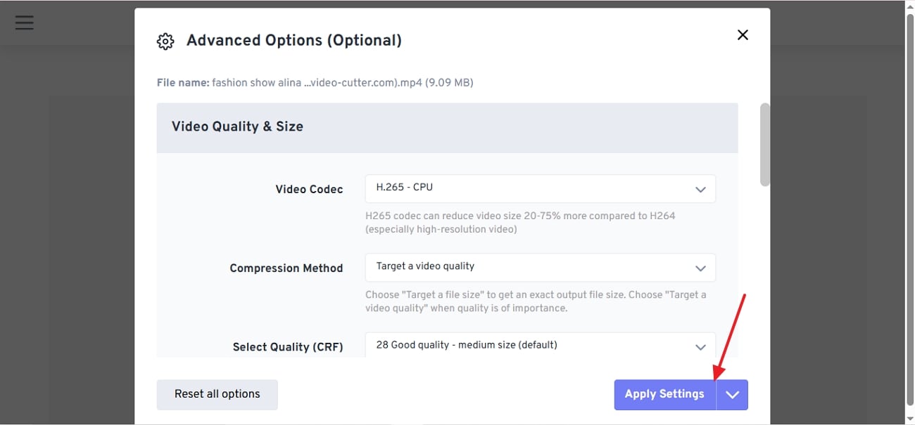 select settings and apply freeconvert