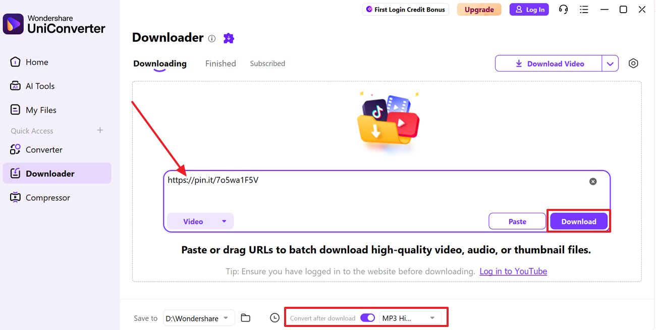 add video link to download audio file