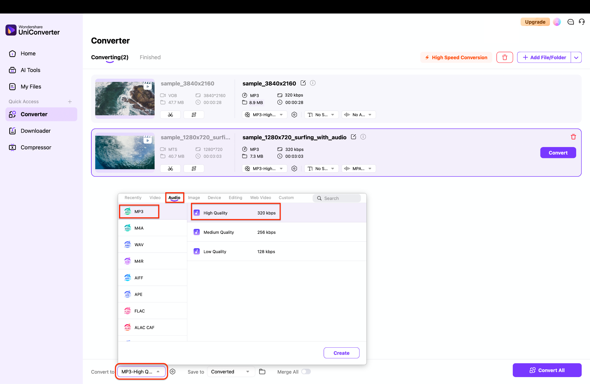 choose the format for audio extraction