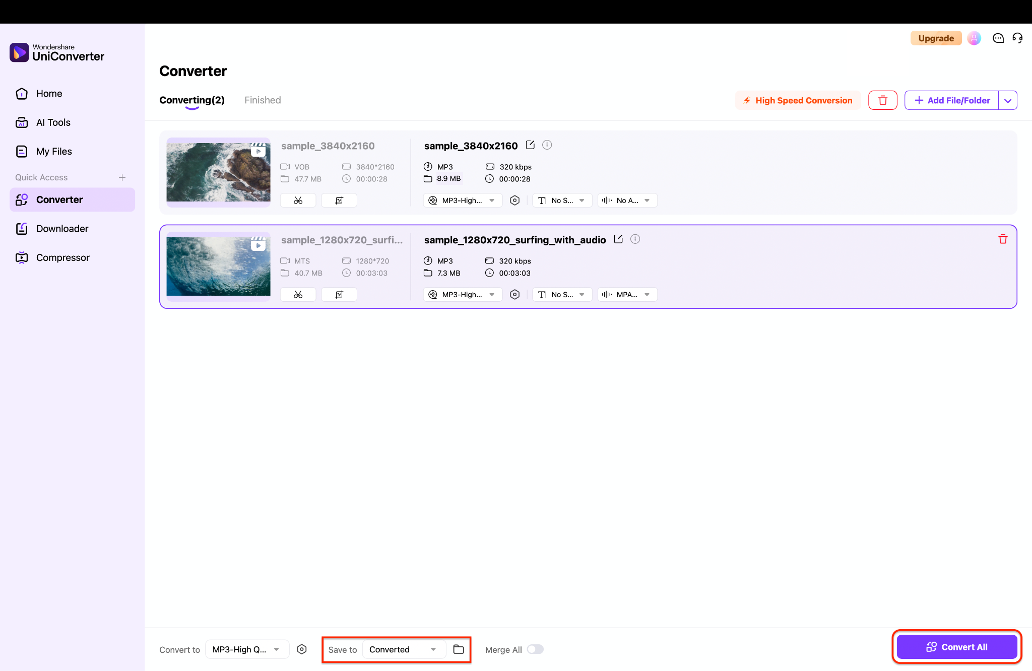 convert all to start the batch audio extraction