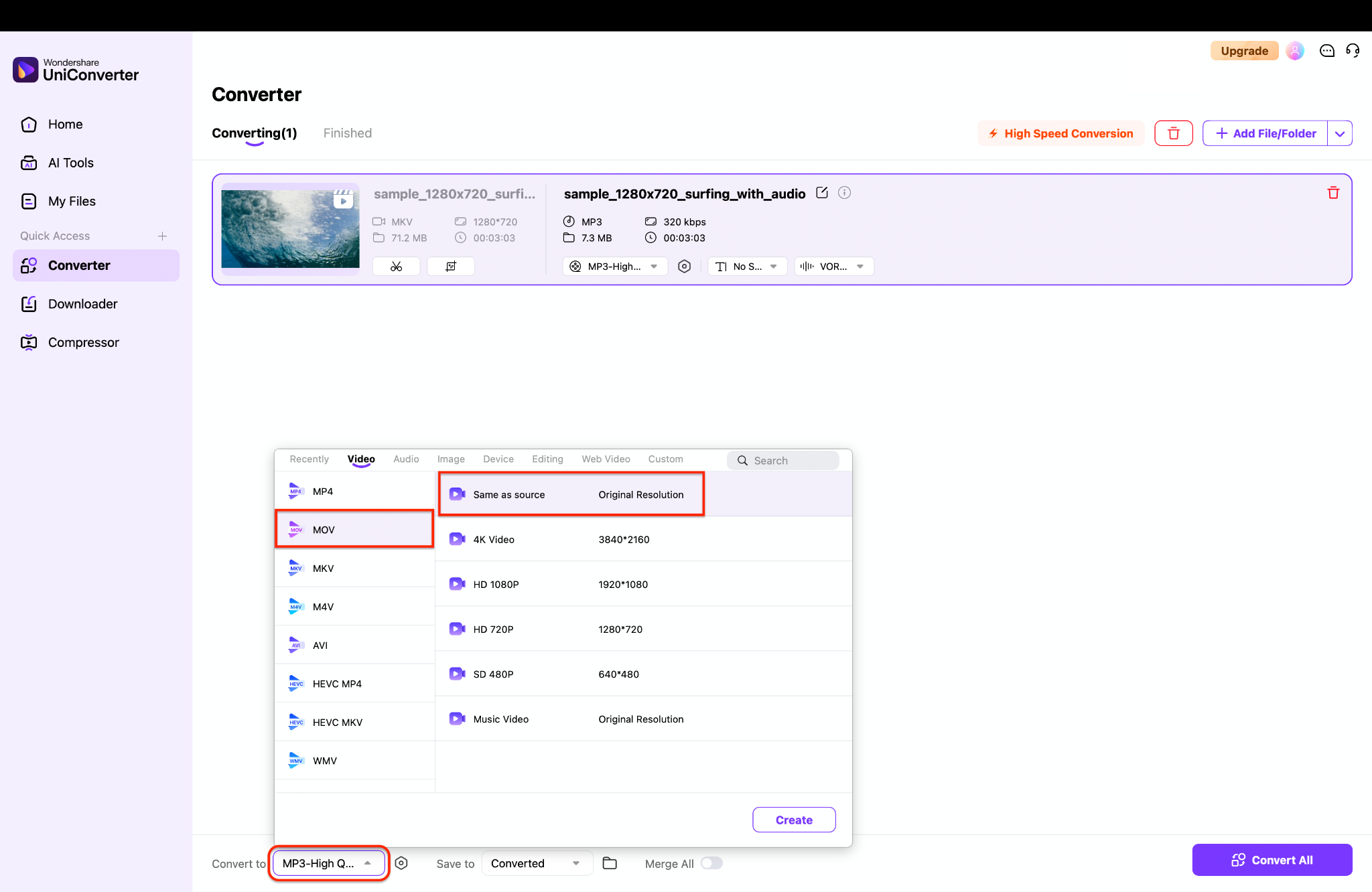 choose the format and resolution