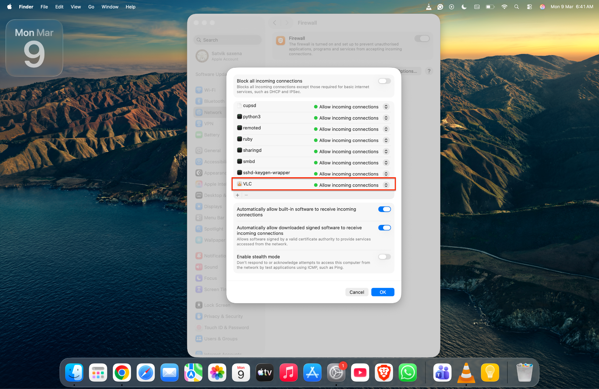 fix vlc mrl error via firewall permissions