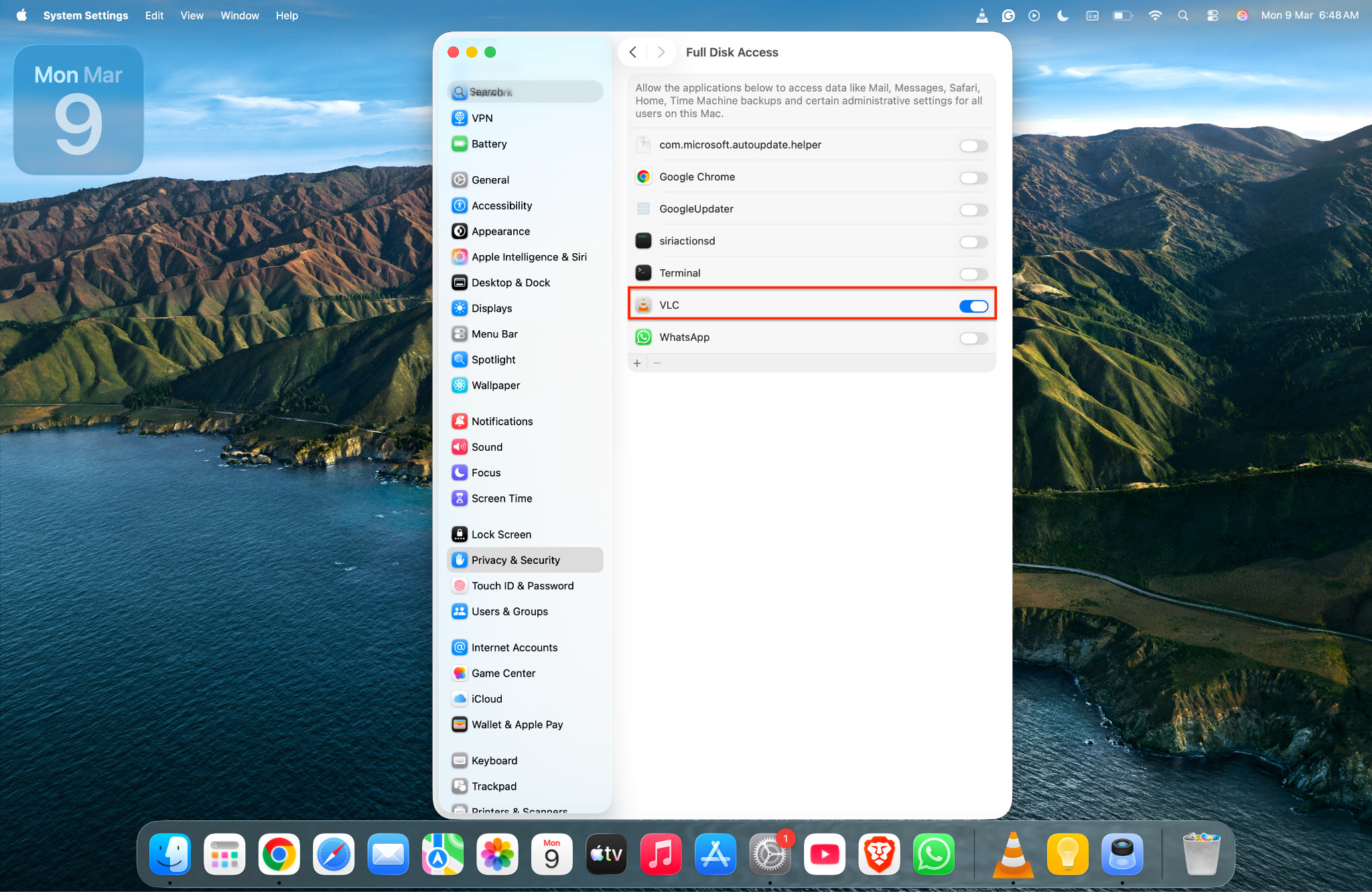 grant vlc full disk access on macos