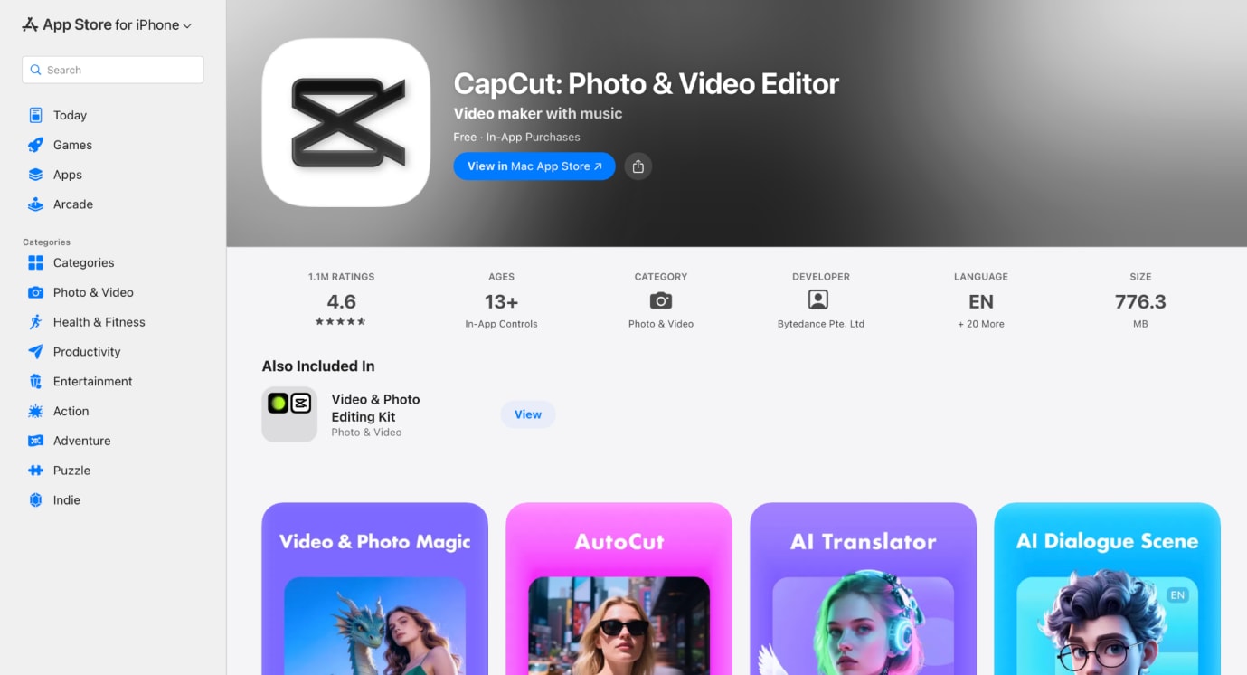 capcut mobile app homepage