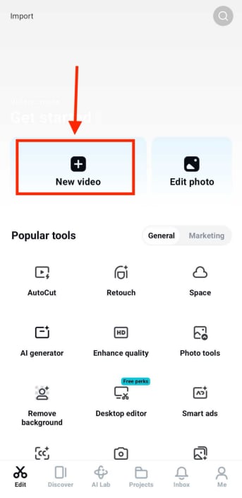 capcut mobile app new video