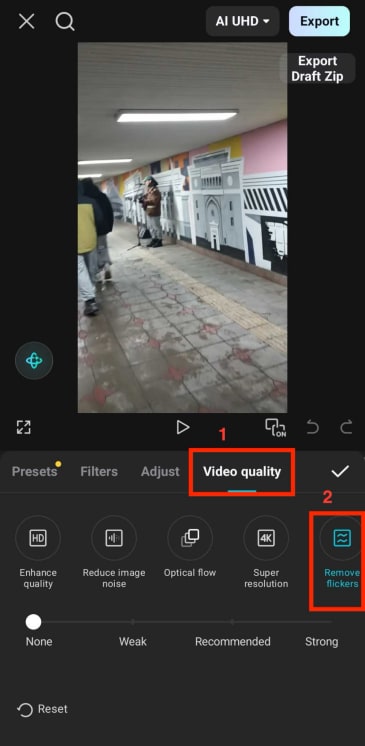 capcut mobile app remove flicker