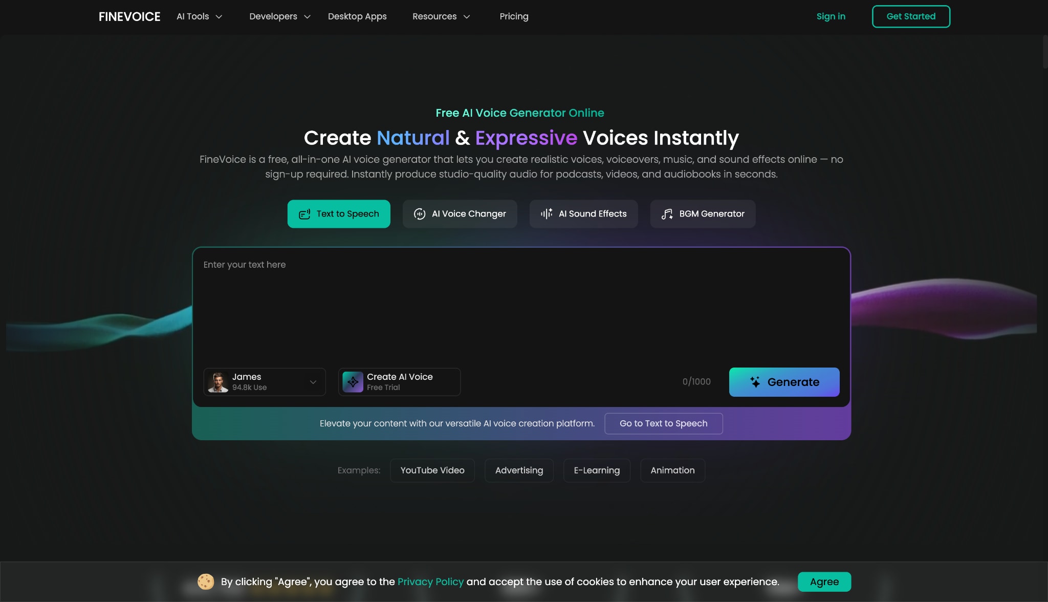 finevoice ai homepage