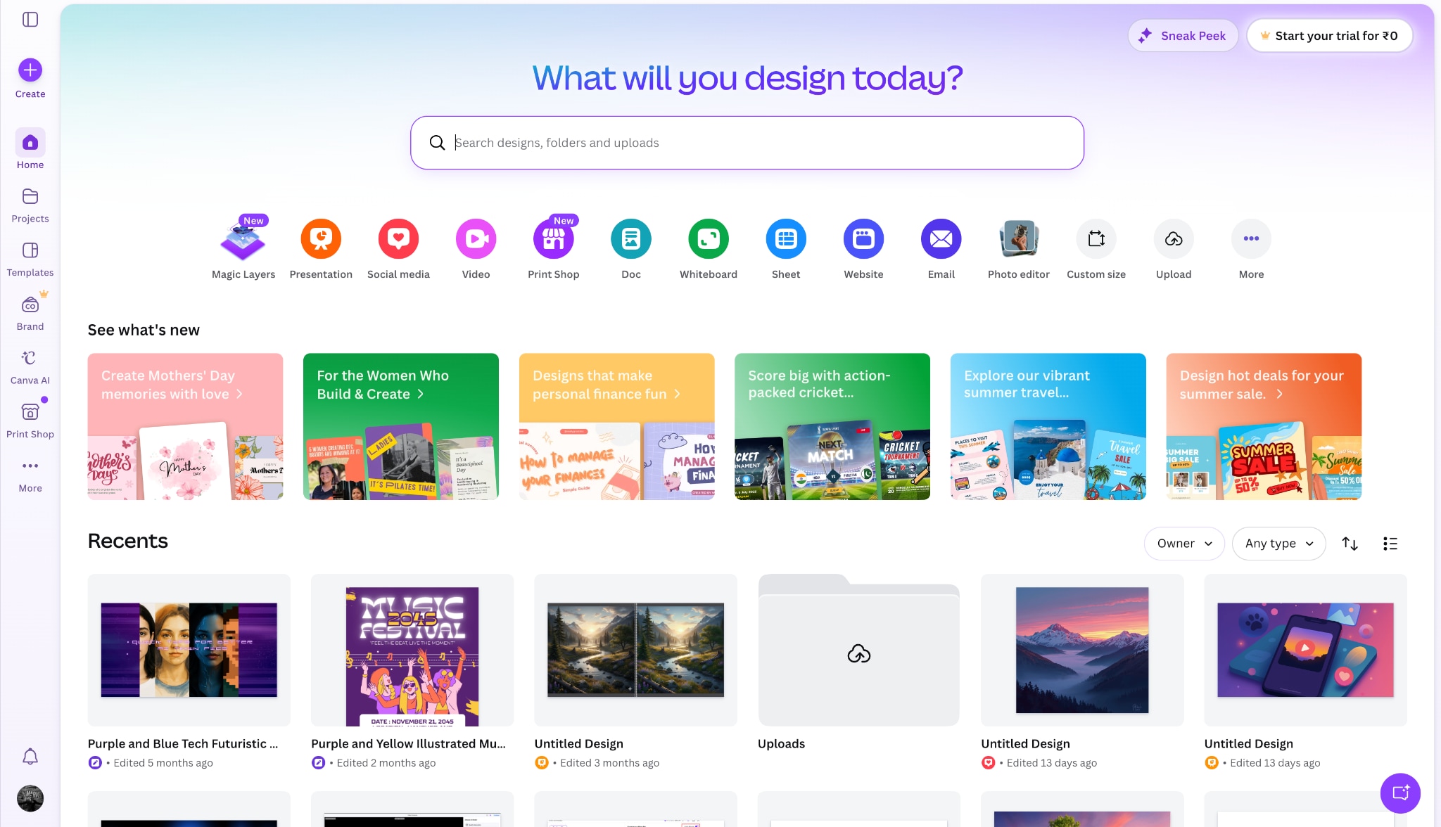 canva homepage
