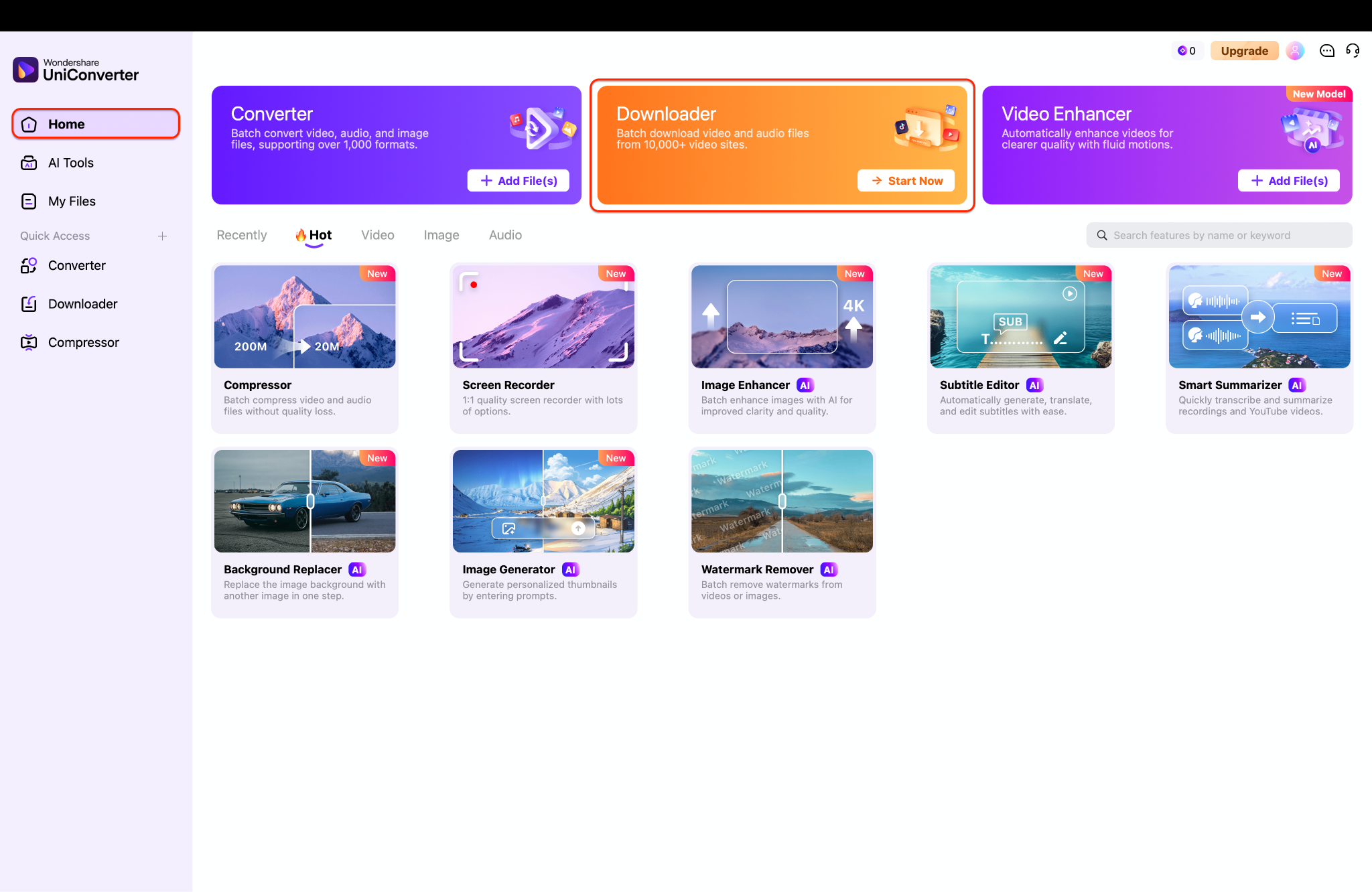 selecting downloader in uniconverter menu