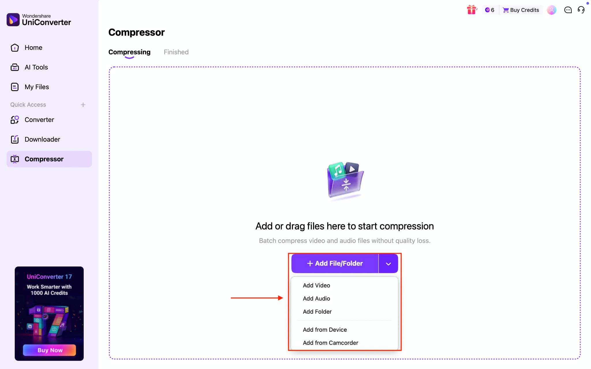 wondershare uniconverter add file