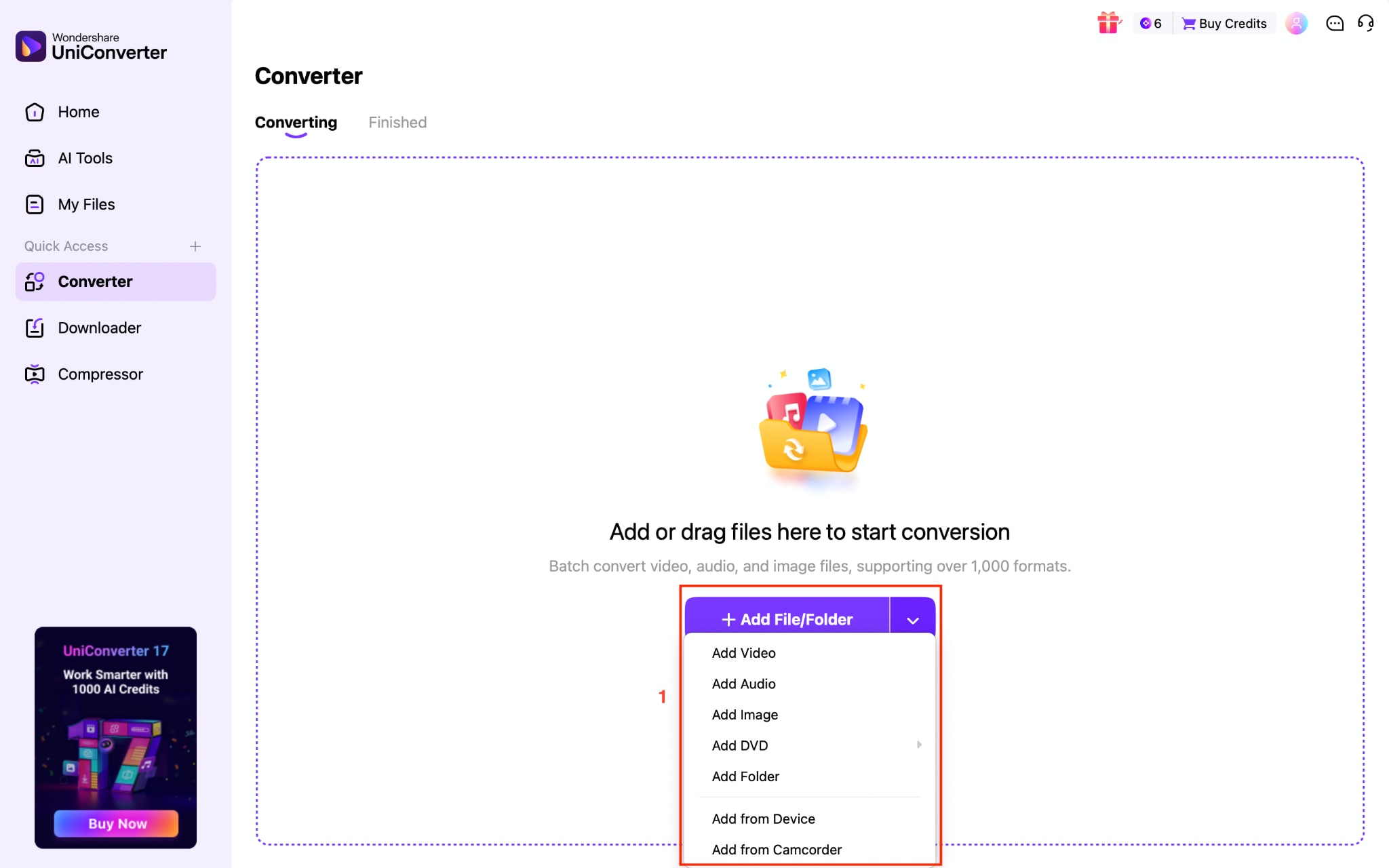 wondershare uniconverter add files