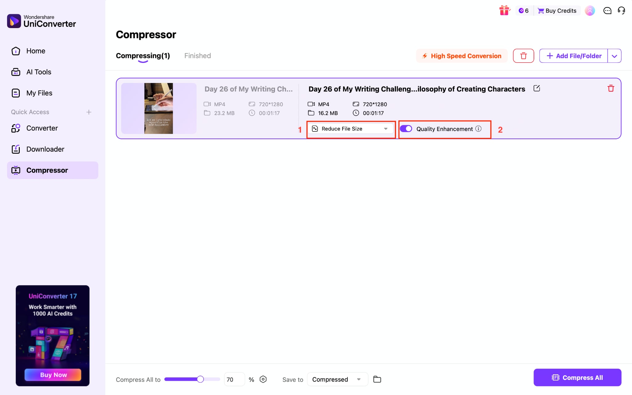 wondershare uniconverter click reduce file size