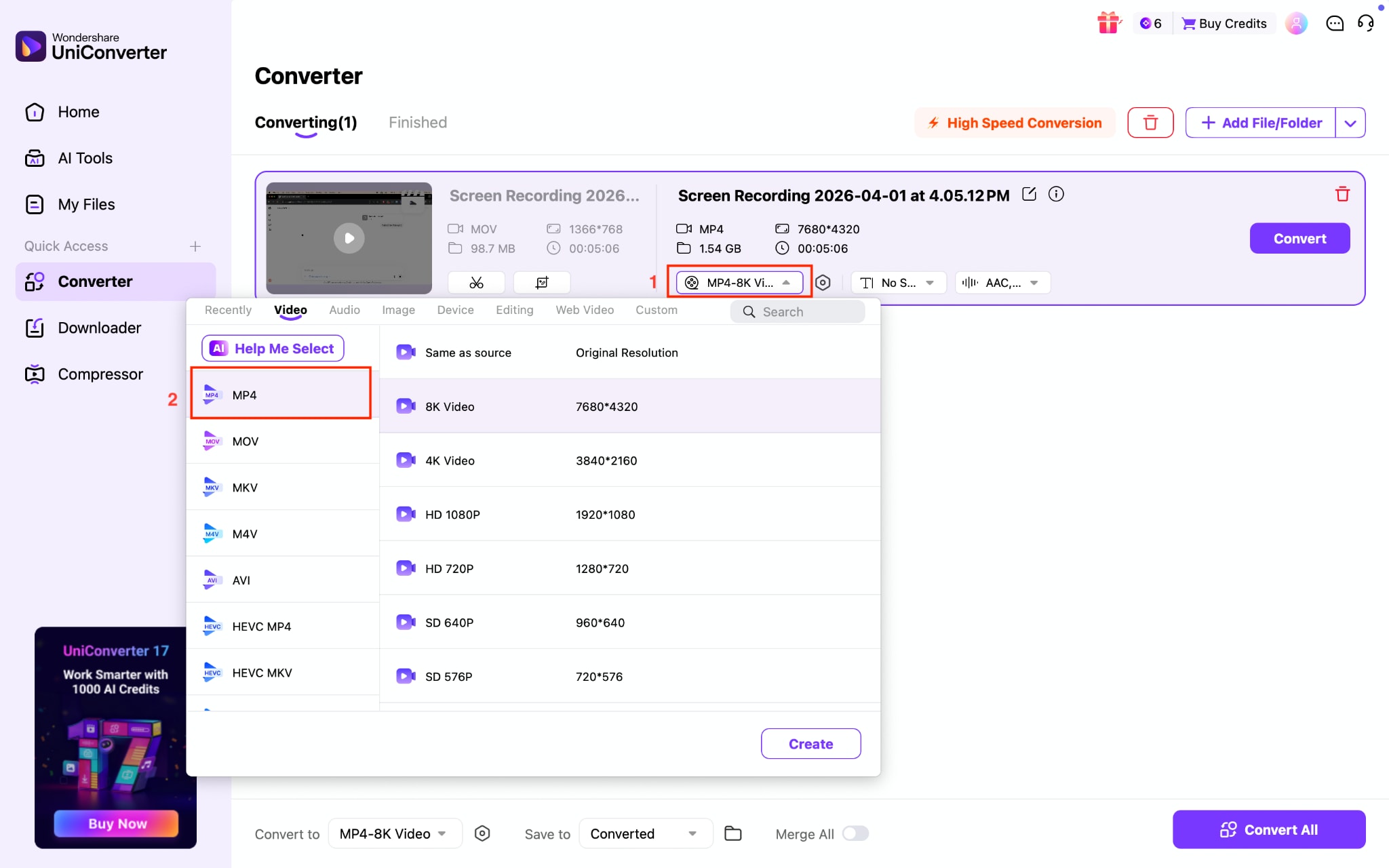 wondershare uniconverter select format