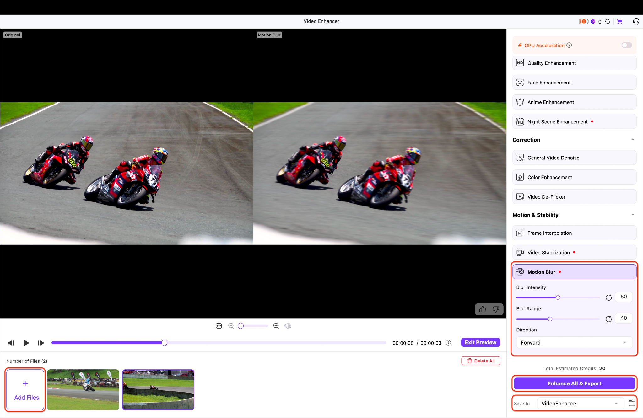 apply motion blur effect and save the video