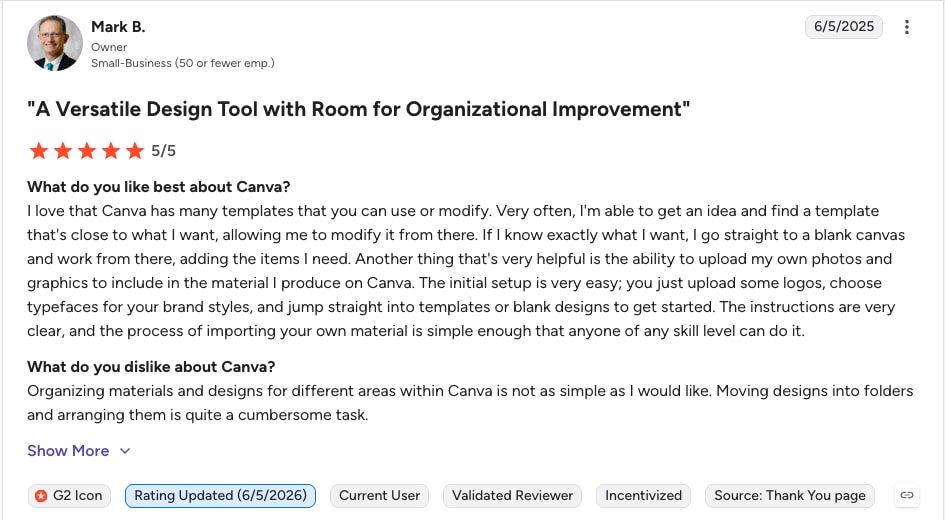 canva g2 positive review