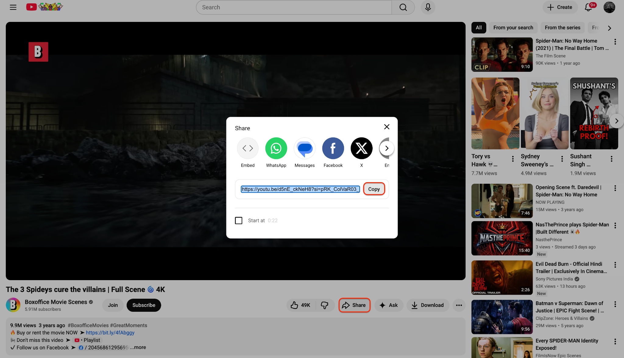 copying the url from the youtube