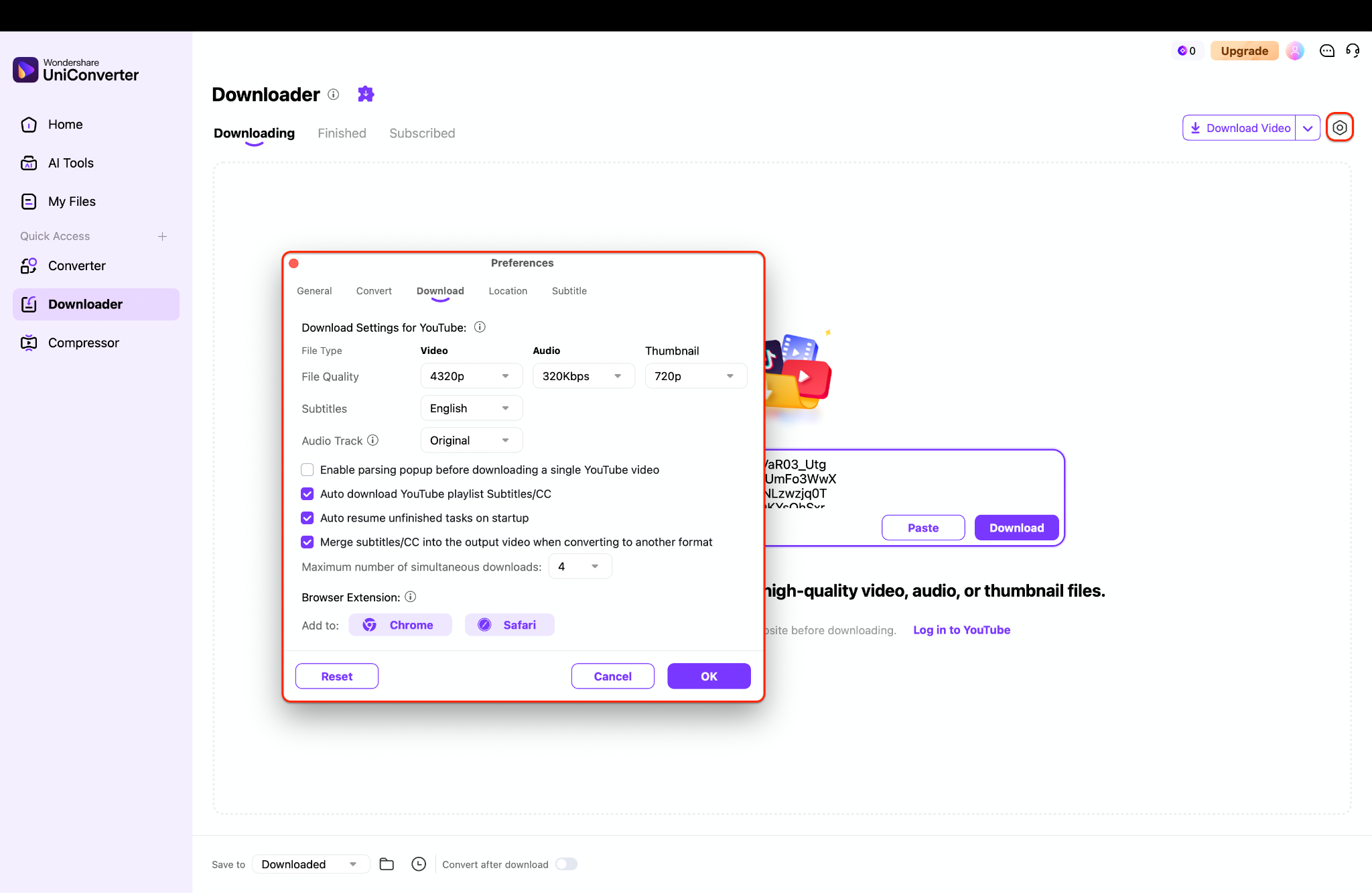 selecting 8k resolution in the settings dialog