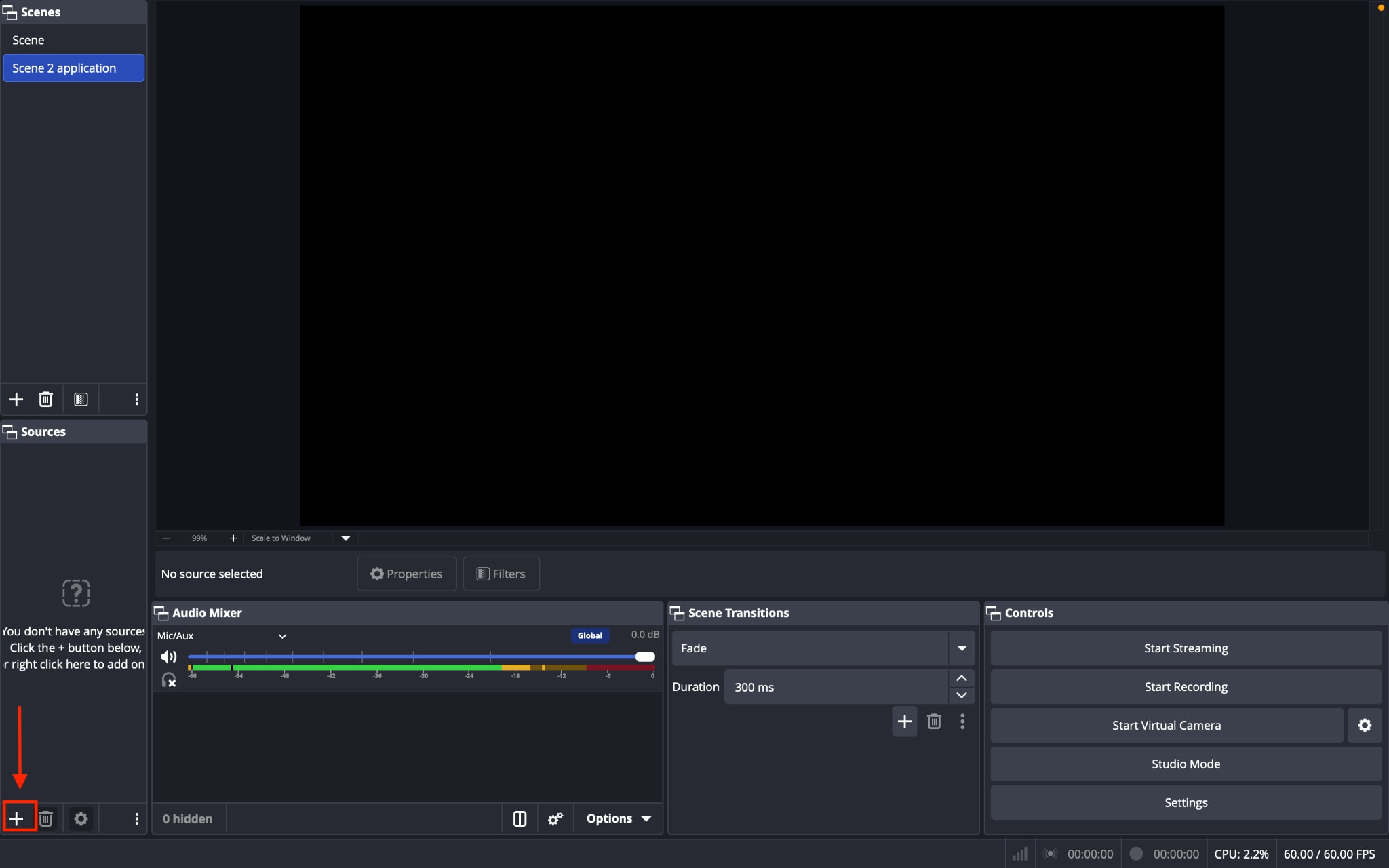 obs studio screen recorder app window click plus