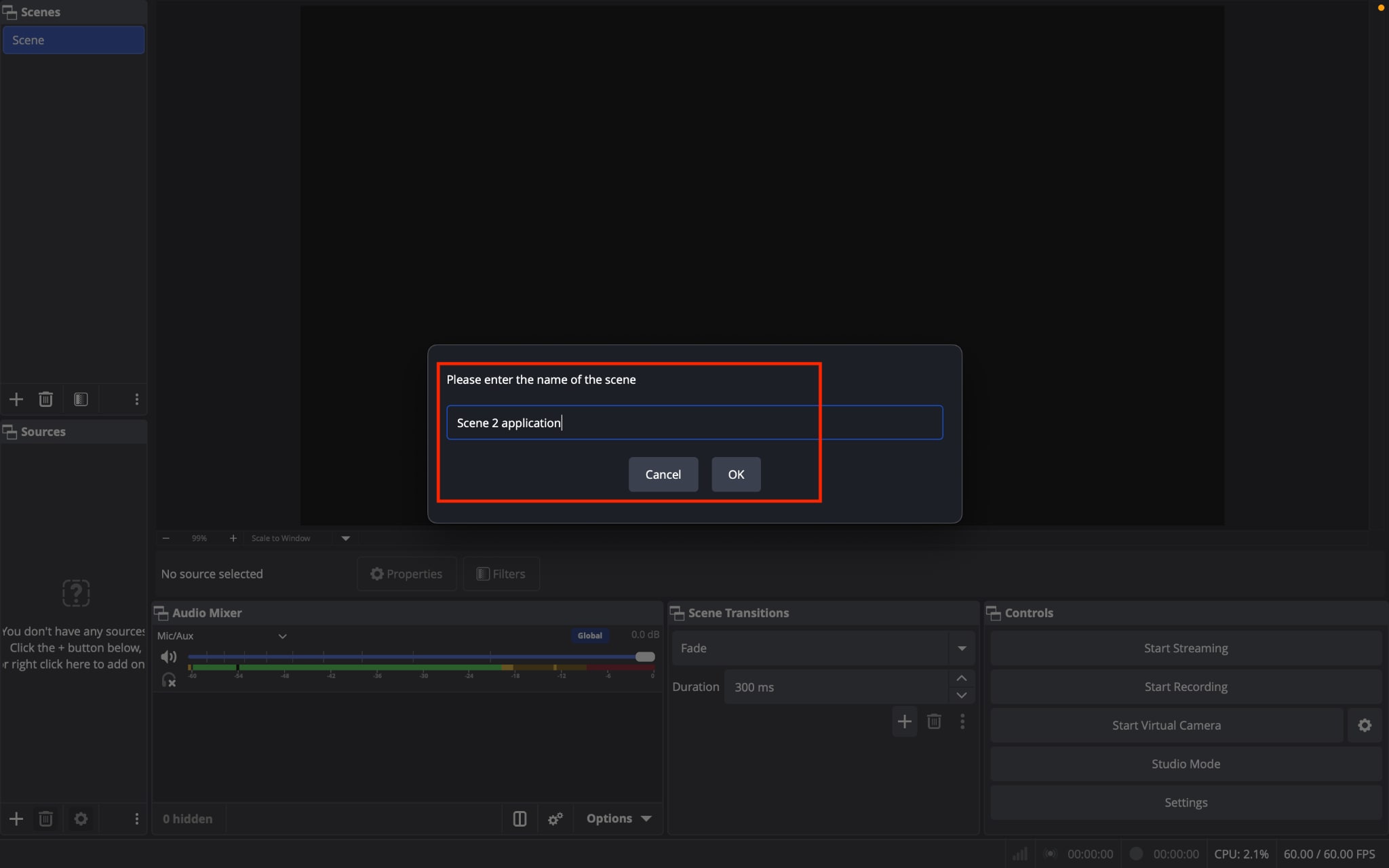 obs studio screen recorder app window create scenes