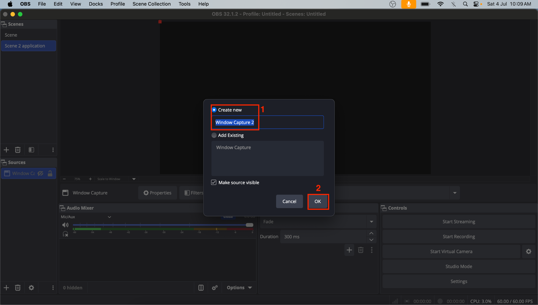 obs studio screen recorder app window name source