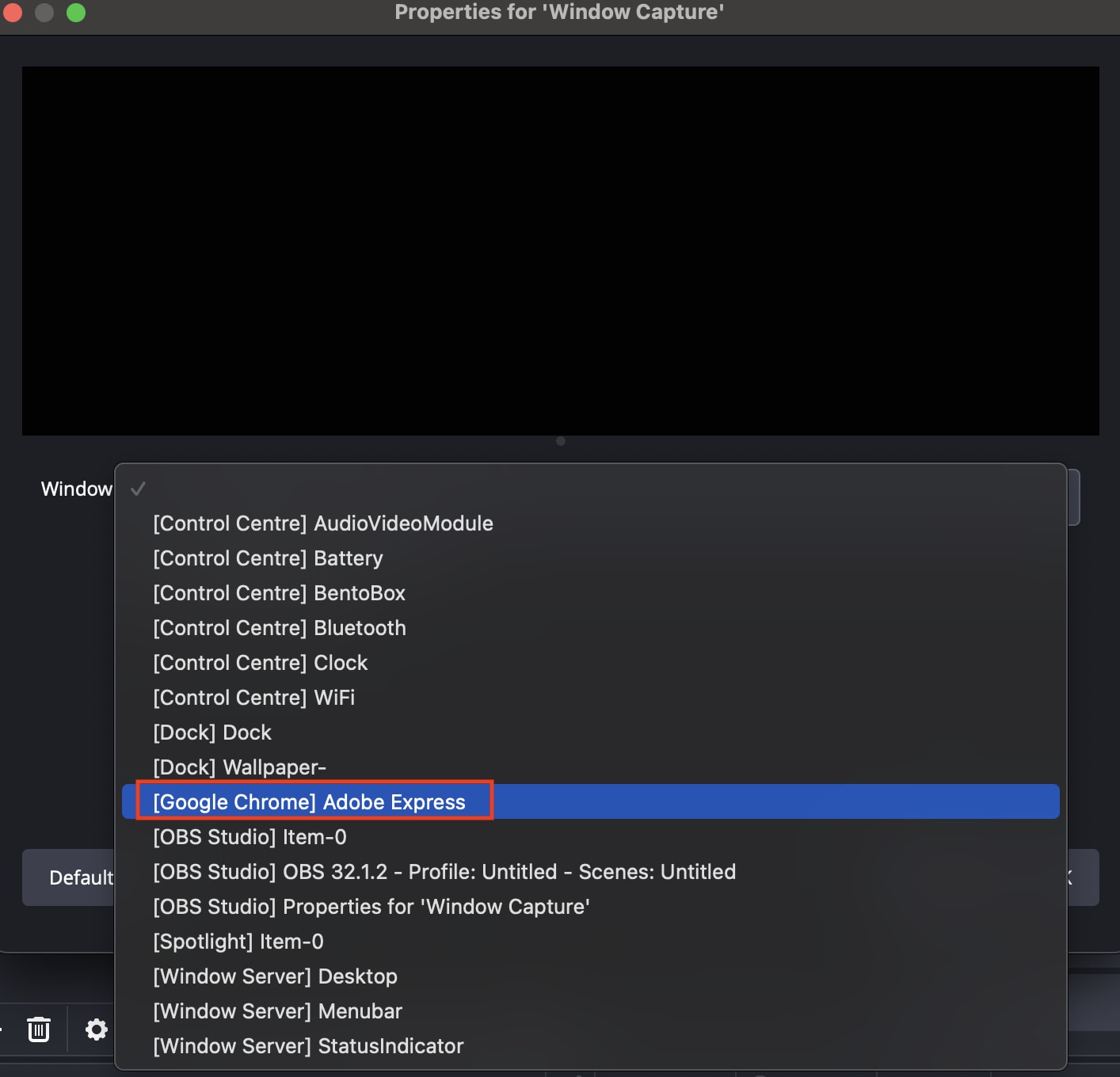 obs studio screen recorder app window select window
