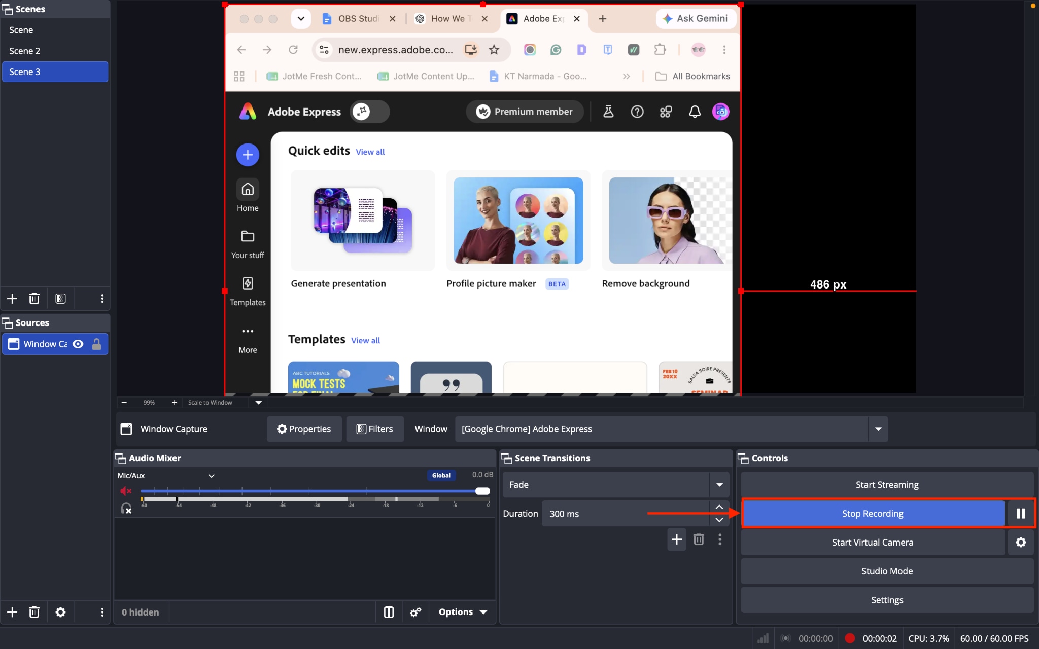 obs studio screen recorder app window stop recording