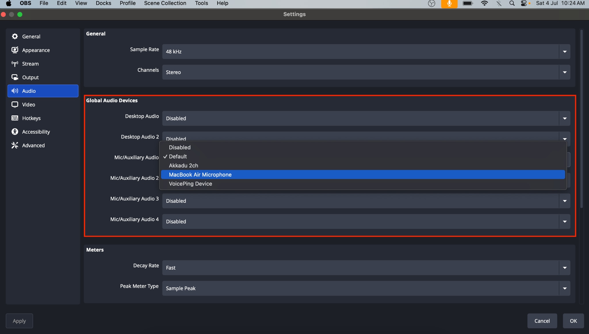 obs studio screen recorder audio capture add audio device