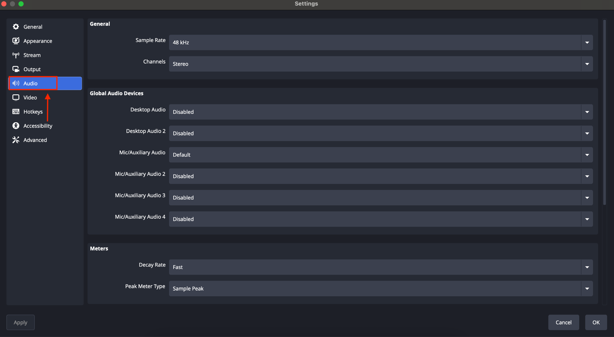 obs studio screen recorder audio capture settings