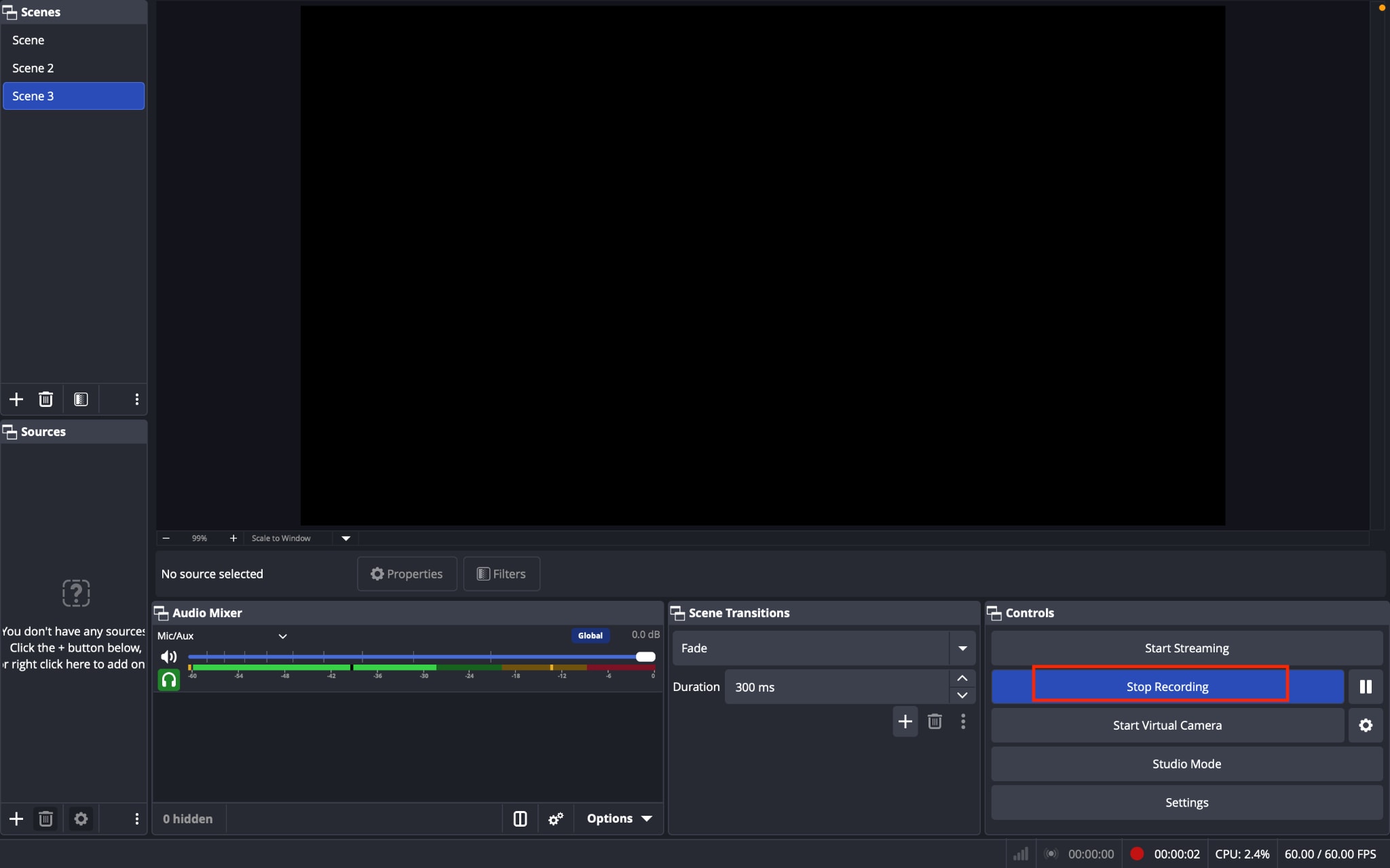 obs studio screen recorder audio capture stop recording
