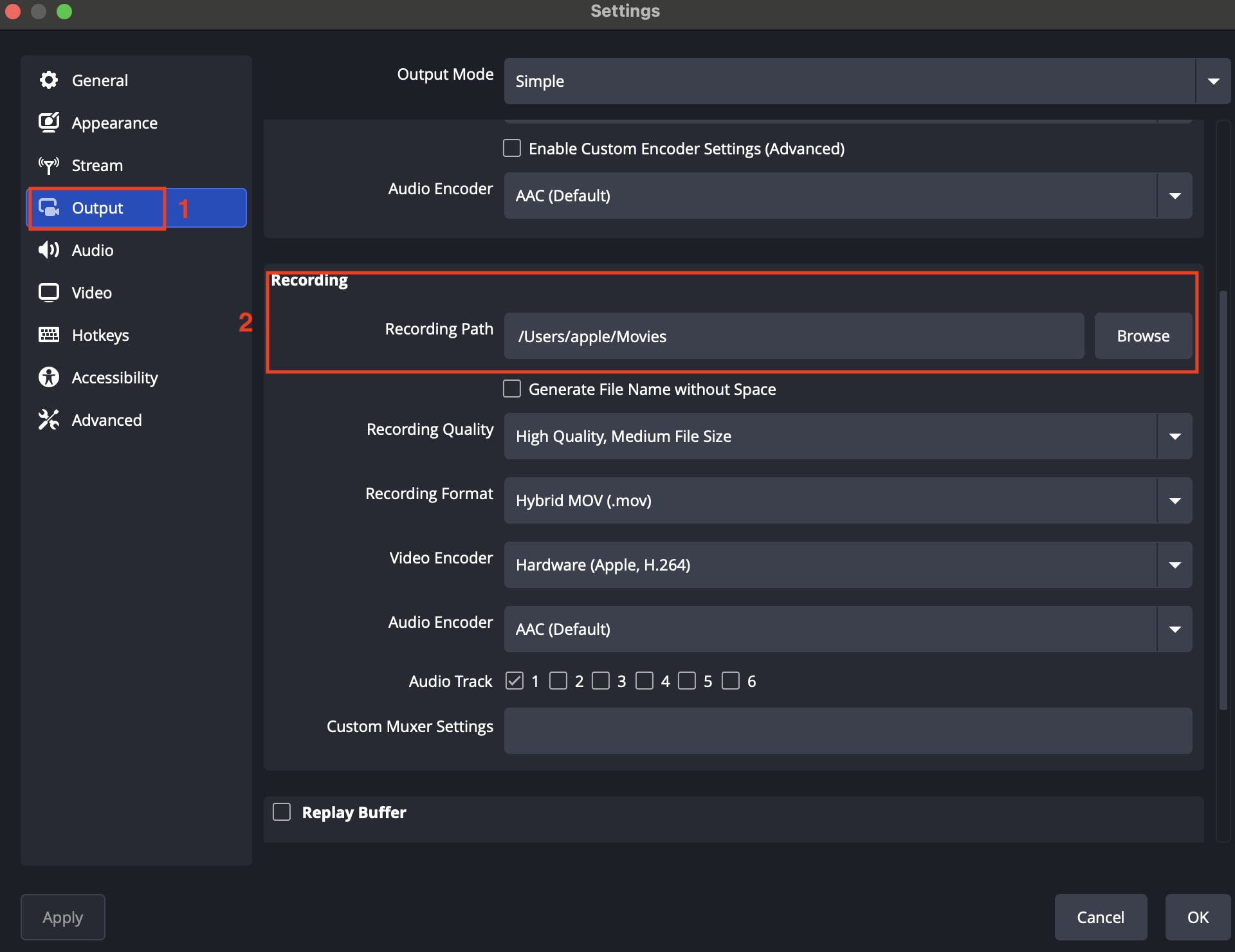 obs studio screen recorder pc output path