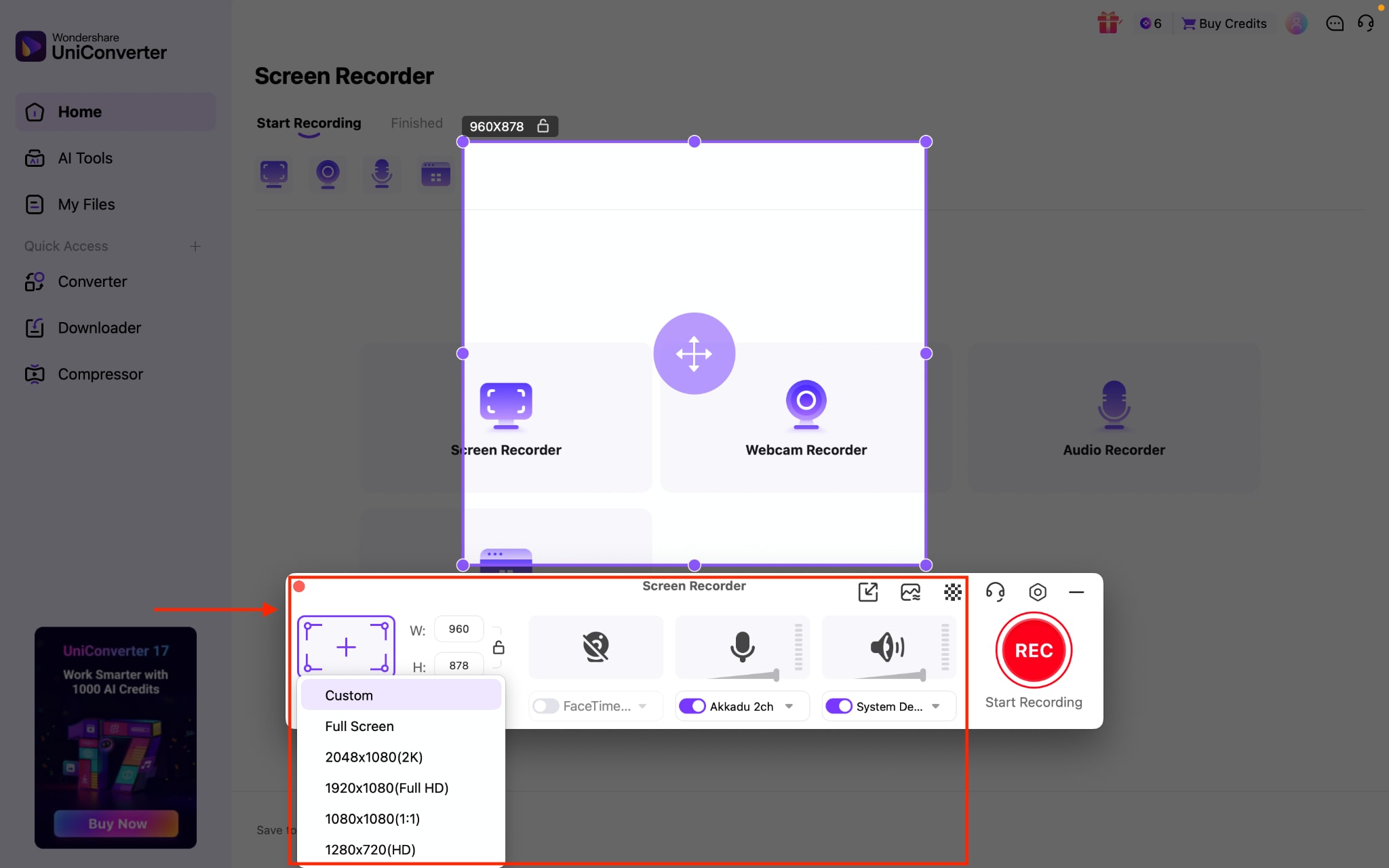 wondershare uniconverter adjust recorder settings