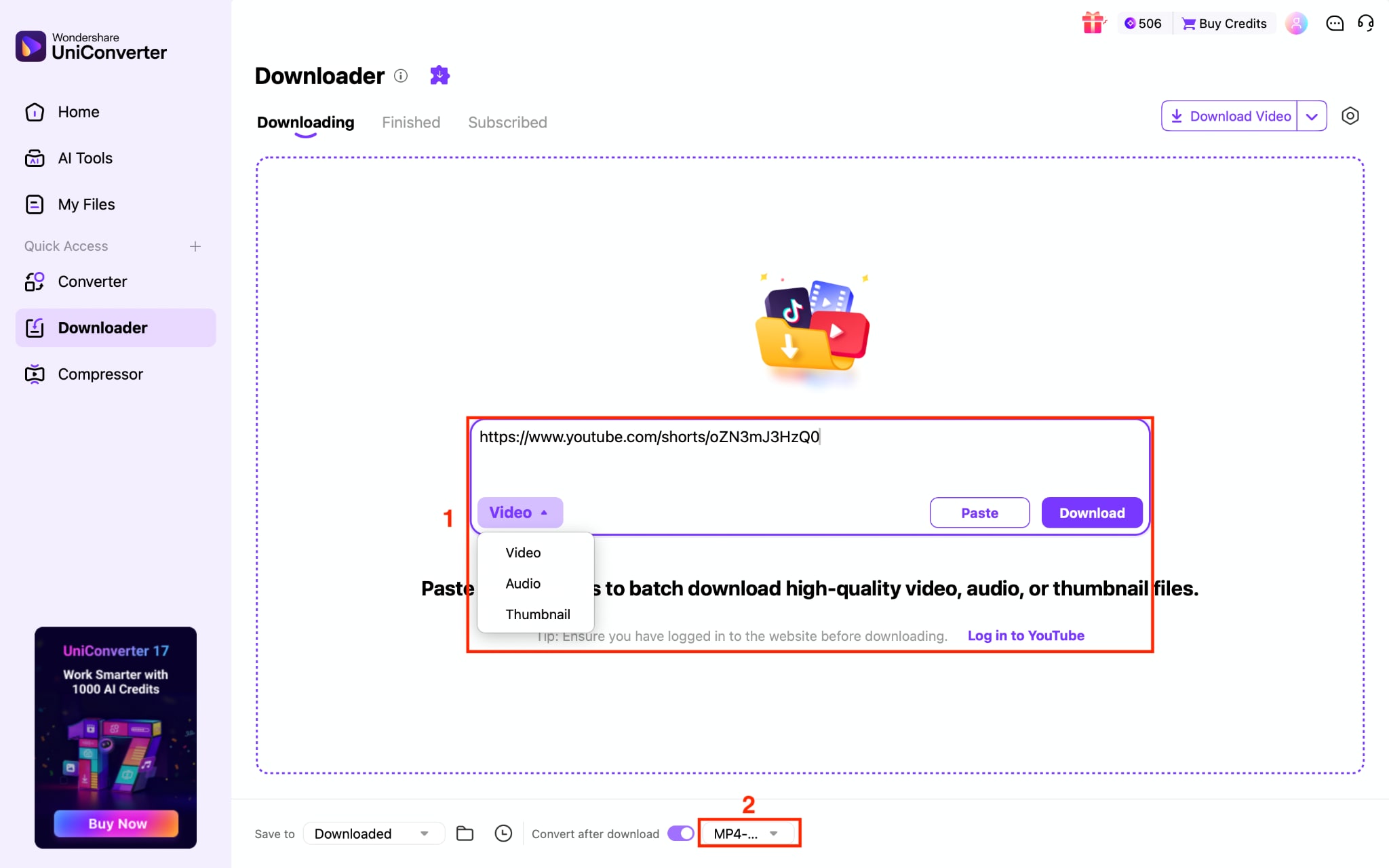 wondershare uniconverter paste link