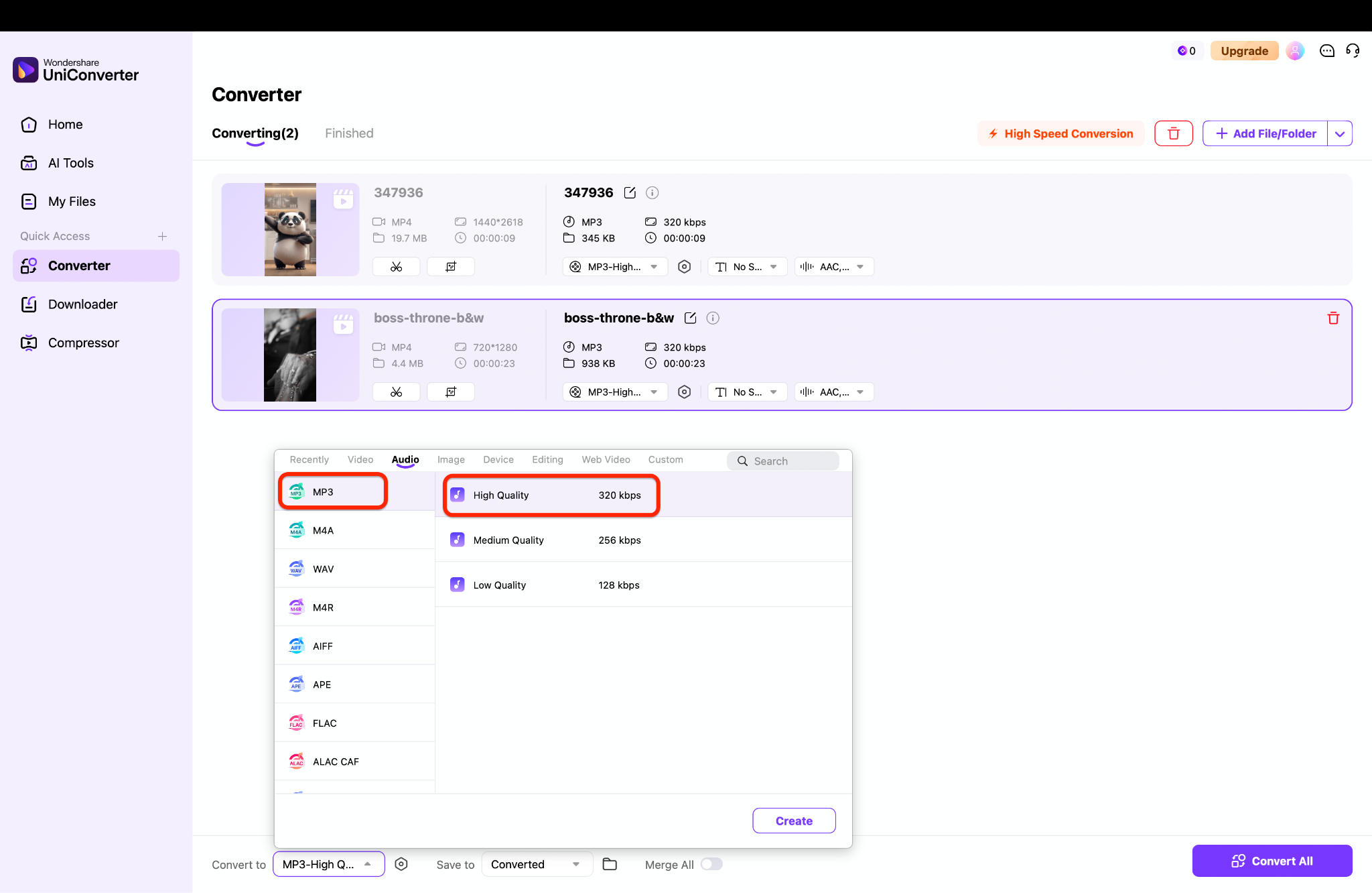 choose the output format and quality