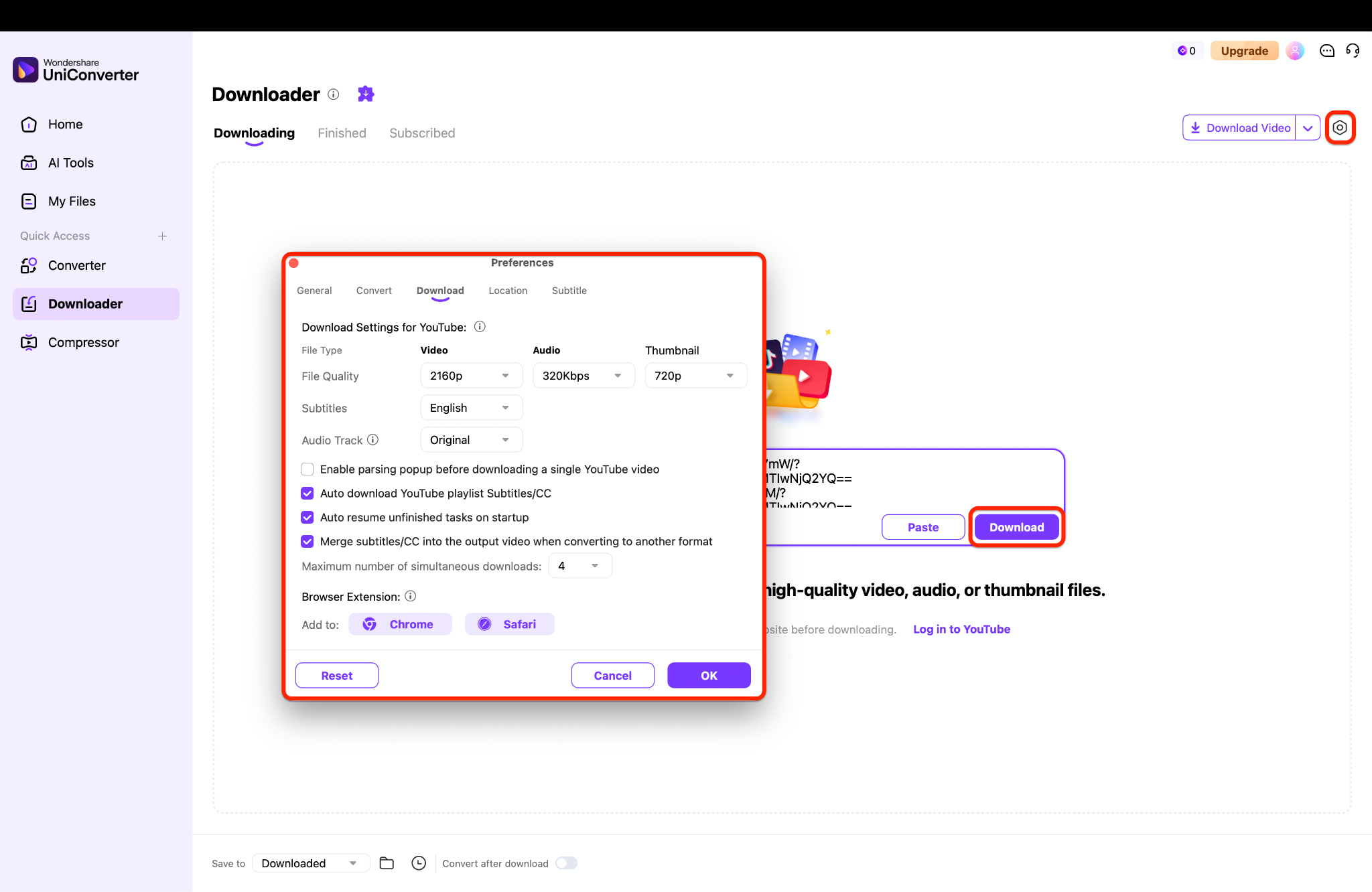 choose the settings and download