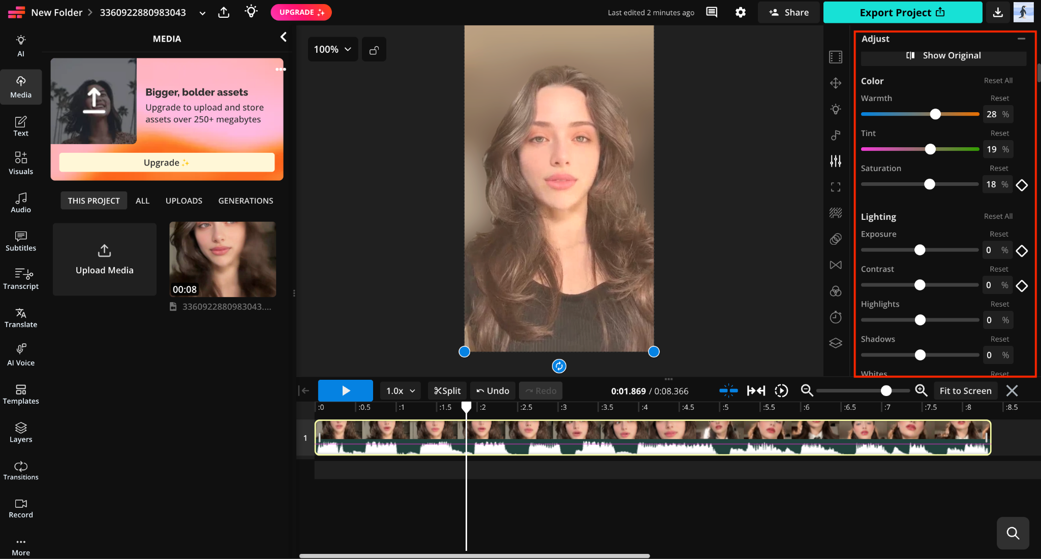 kapwing adjust color lighting