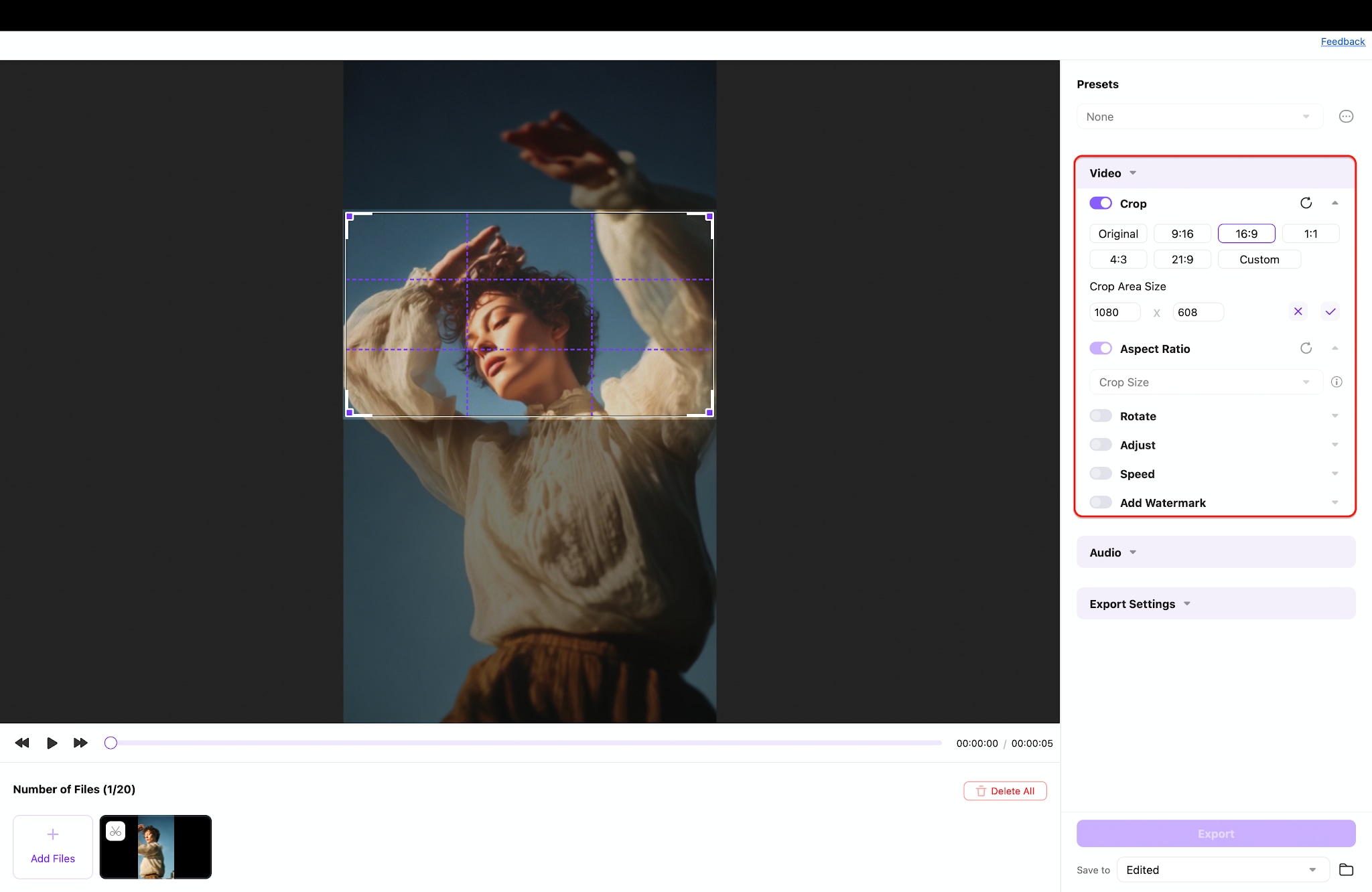 enable crop and choose 16:9 for landscape conversion