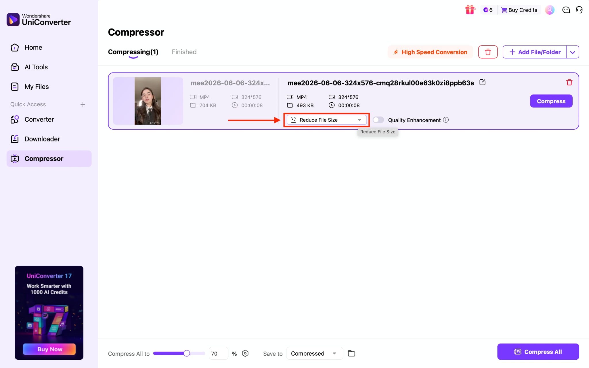 wondershare uniconverter reduce file size