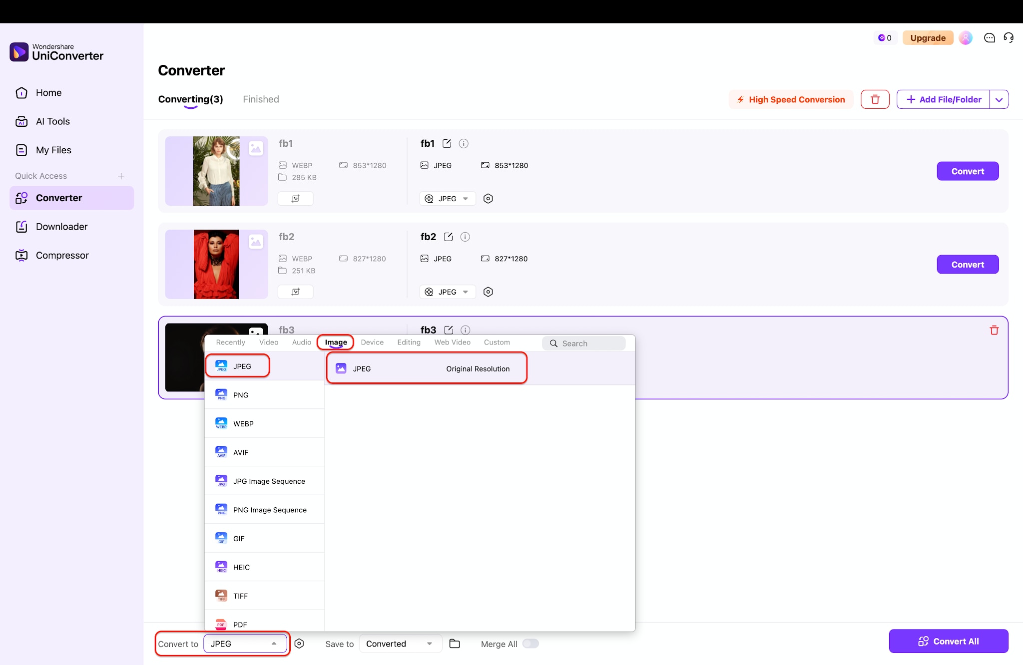 choose the image output format